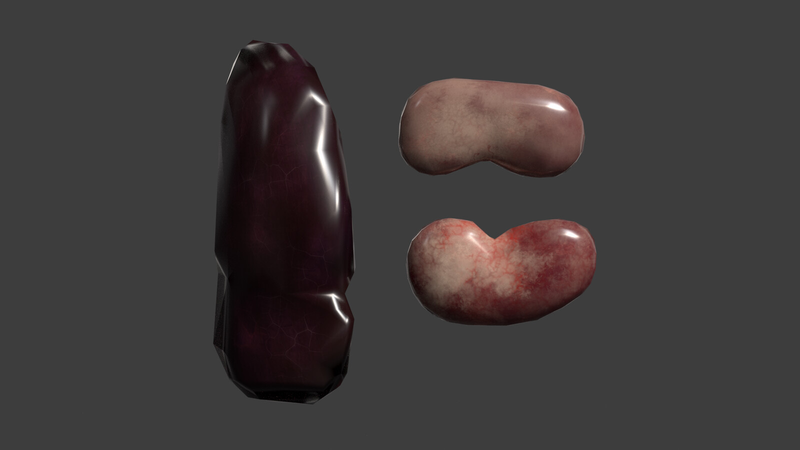 Liver and Kidneys modeled/sculpted, decimated, and converted to tris in Blender. Texture painted in Adobe Substance Painter.