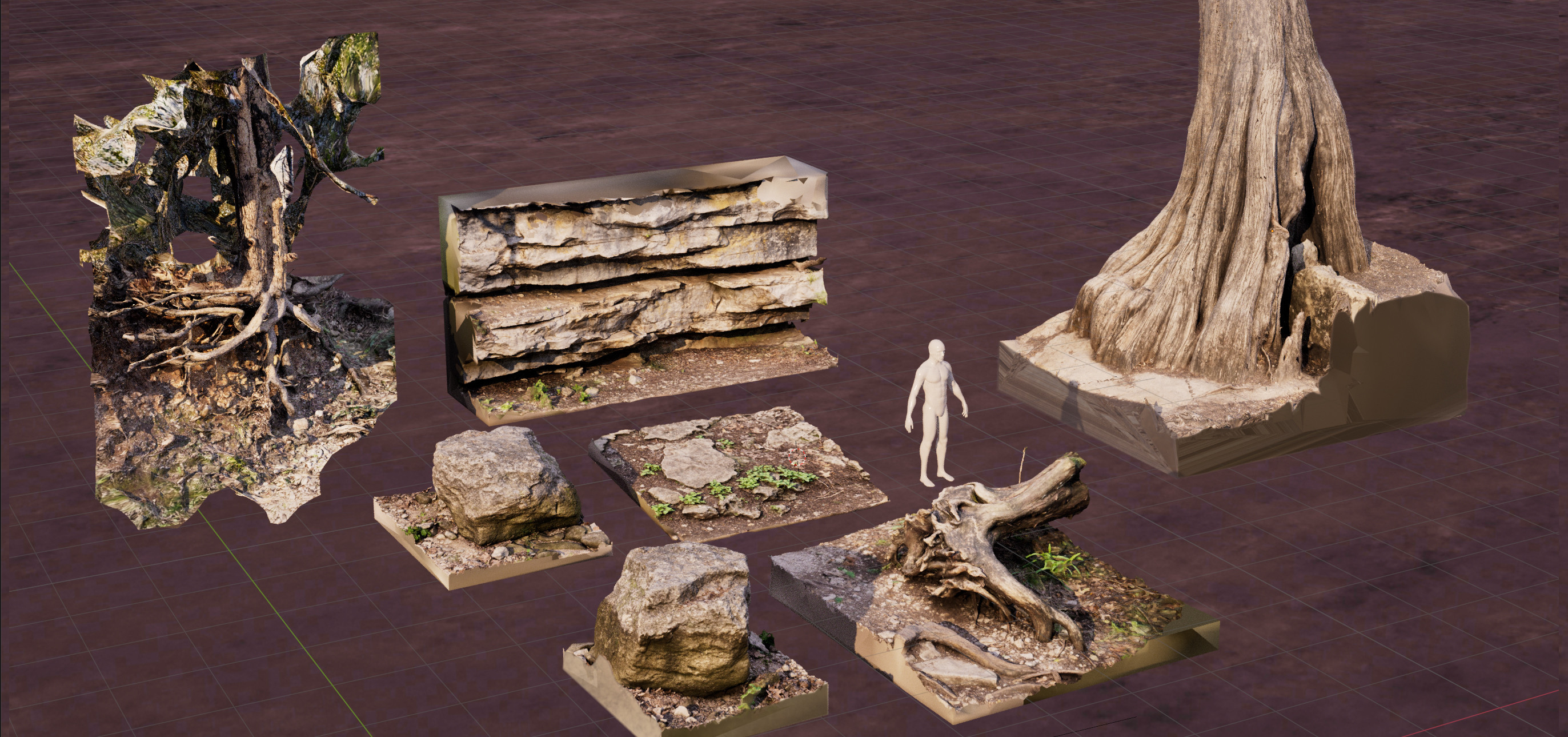 Photogrammetry scans from various hikes. I used a few of these in the final comp. These weren't necessary, but I wanted to test out using them in an environment painting. Fun process.