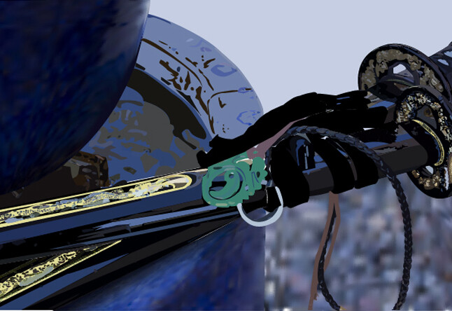 A still picture of a water fountain and a samurai sword working in vector art 

Design: Illustrator