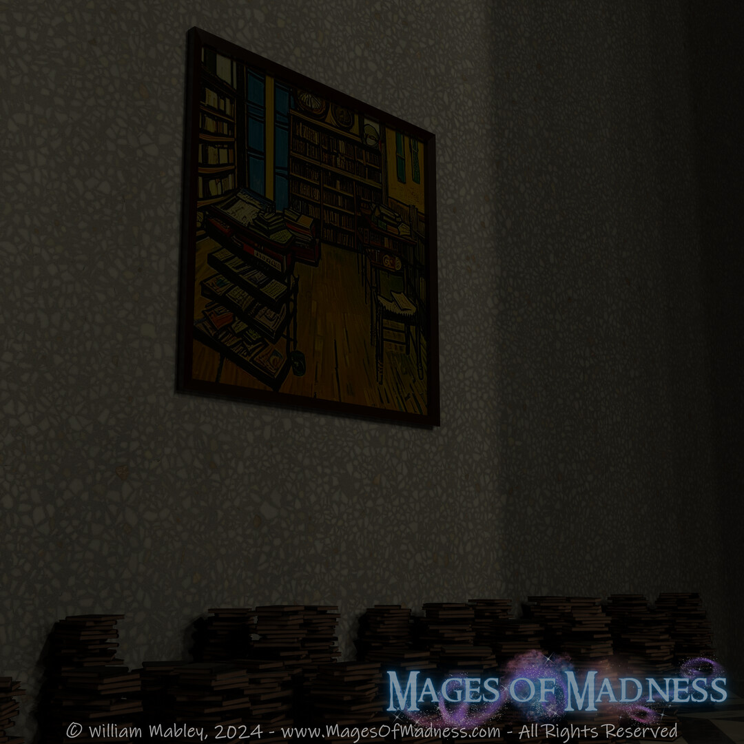 Reading Room - Test image a dynamic wall art creation system. At the time I was doing loads of AI work. So I filled a folder with AI images I'd created and had the texture select one at random and put it on display; allowing me to duplicate the frame 