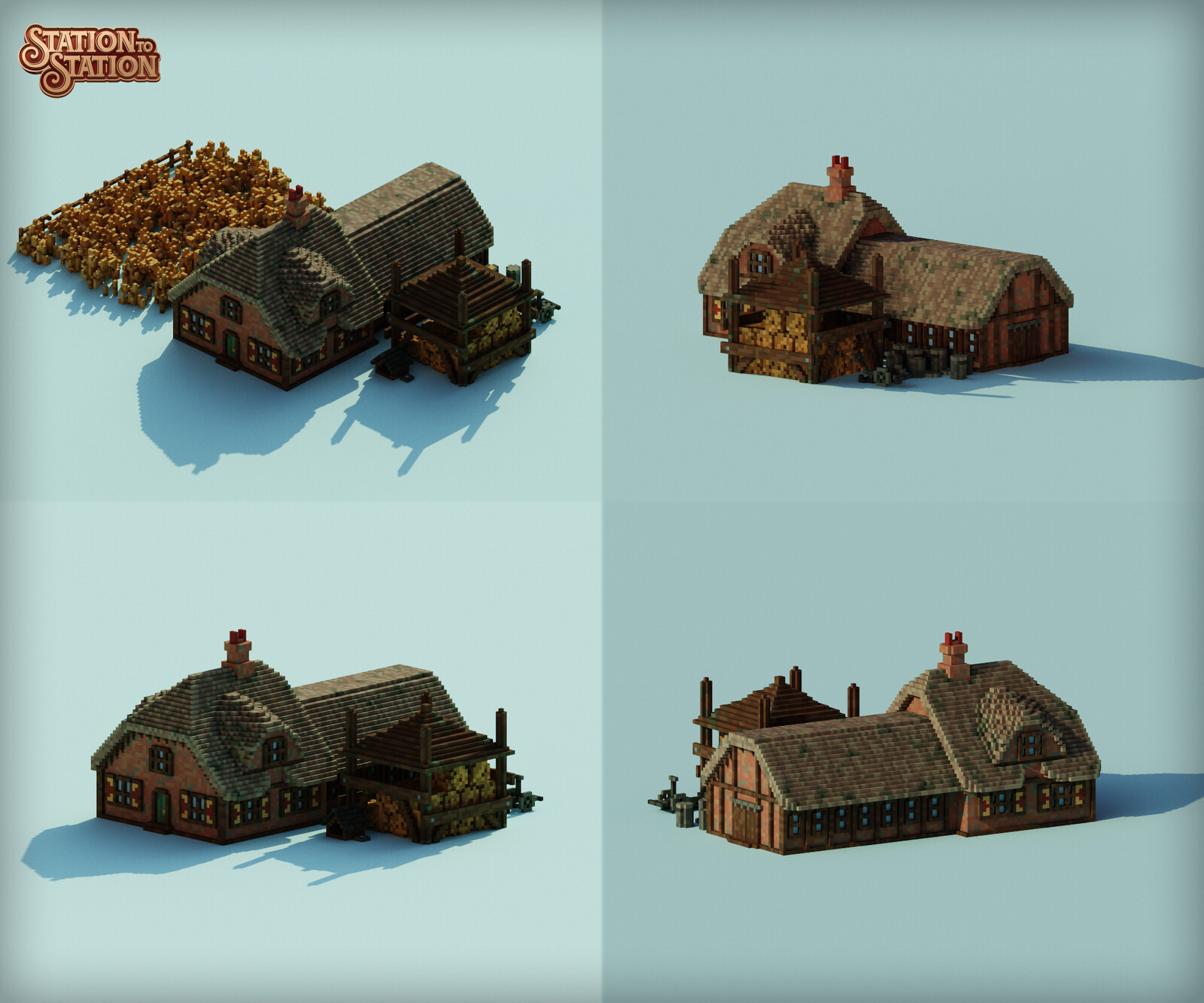 The grain farm, inspired by traditional Dutch farms, features a straw roof and beveled corners.