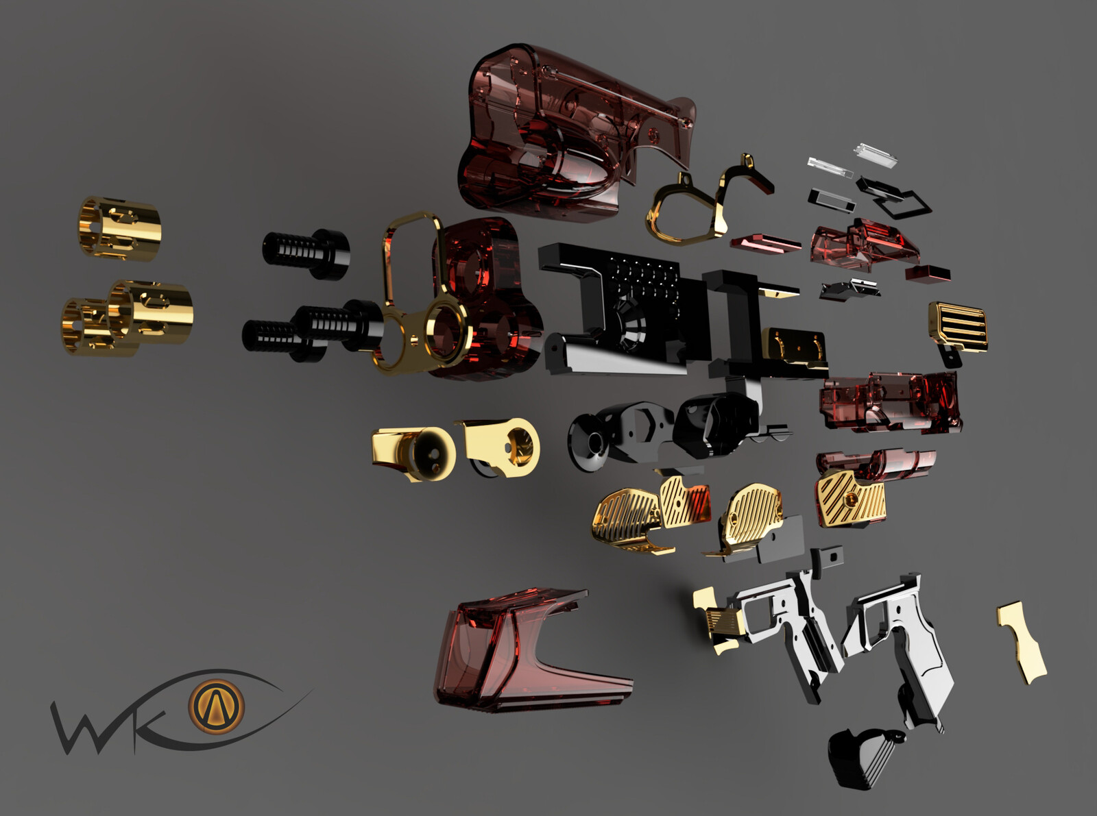 Exploded render in Fusion 360, though some parts are missing in this one. Some parts are shown semi transparent to show their inner structure