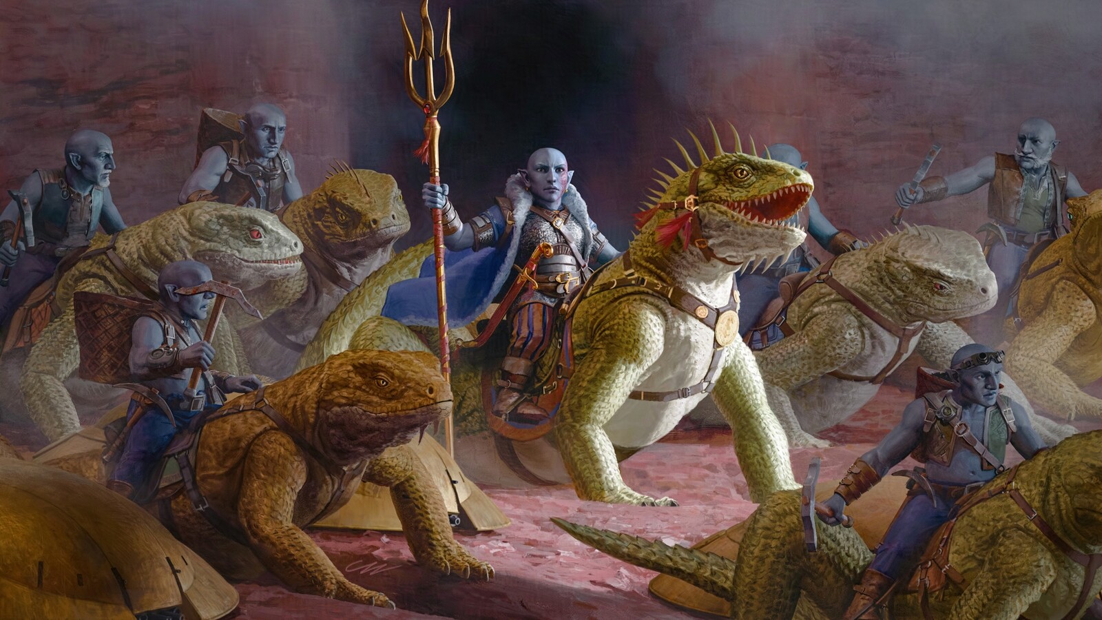 Atop giant lizard steeds, the Kagu-svirfneblin emerge to great visitors to their steam-powered forge