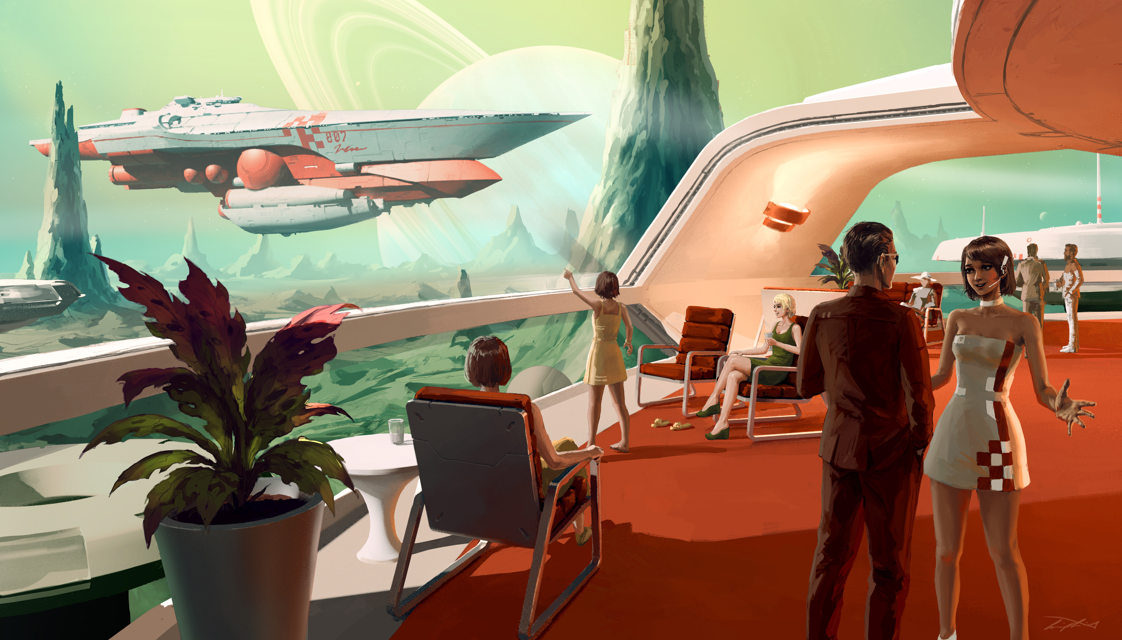 Retro-sci-fi Cruiseship Painting