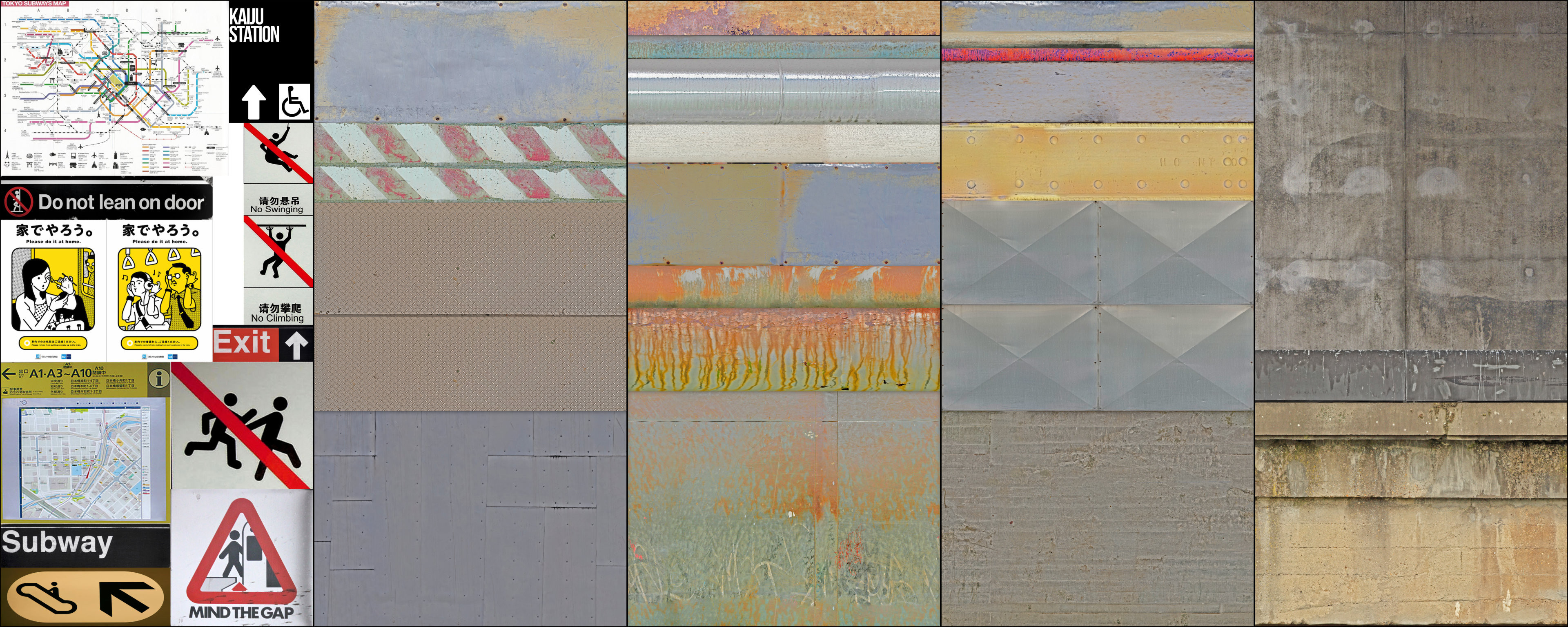 Trimsheets - trimmed together from IRL images. Bitmap2material node in designer helped generate PBR maps.