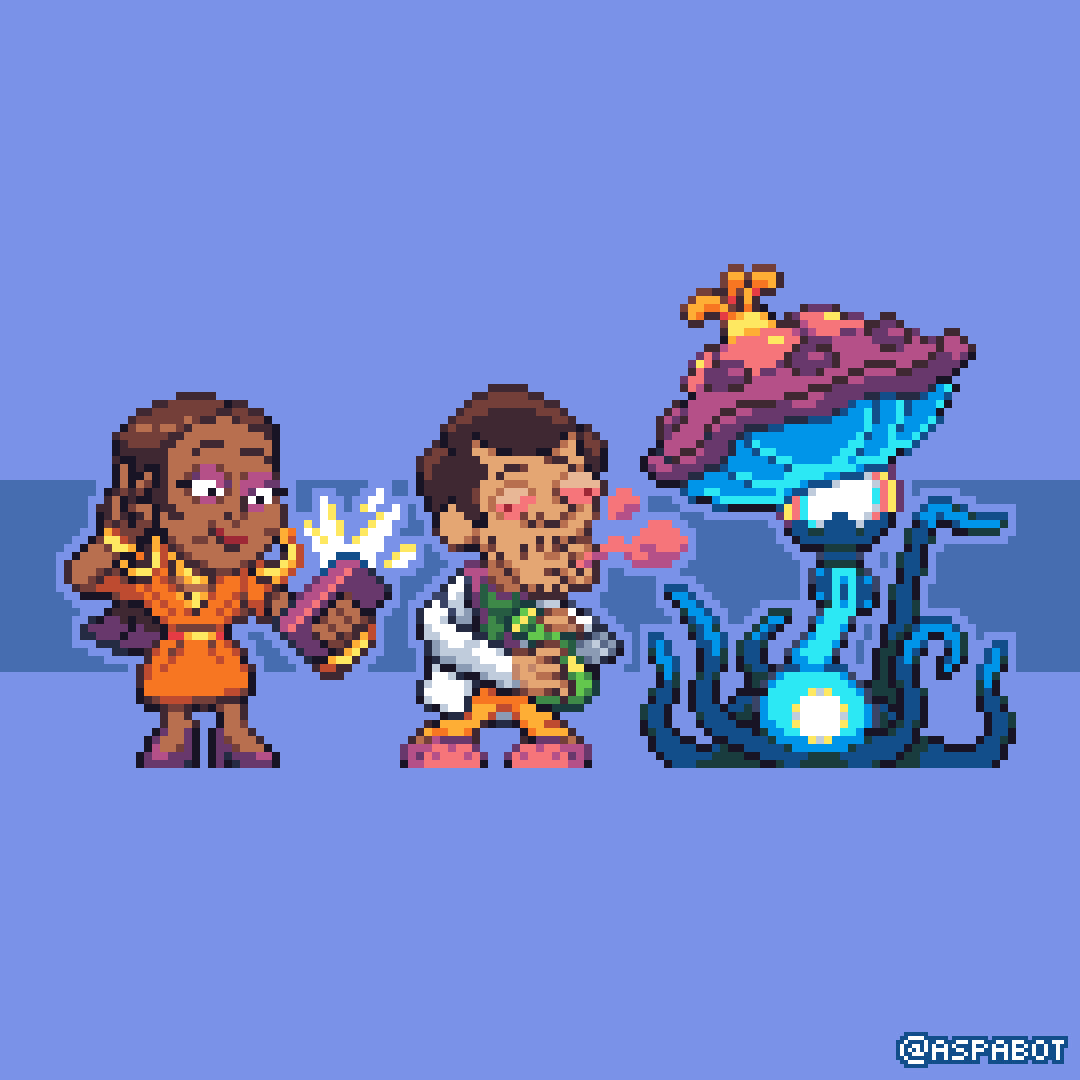 Pixel version of Gigi Thompson, Andre Lee and Myc Cellium
