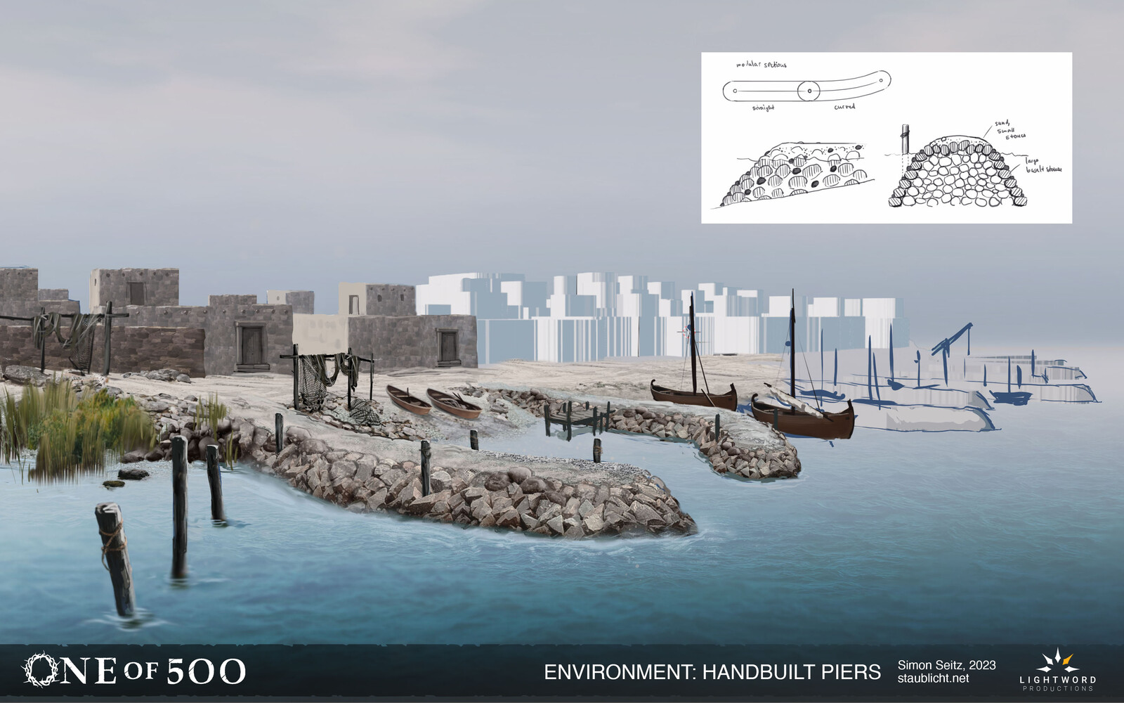 Concept art of rough, handmade jetties of ancient Capernaum
