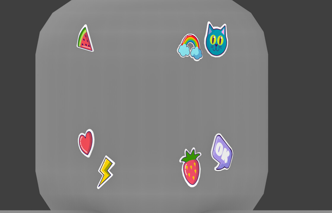 Close up view of Mae Stephens Face stickers after Texture has been completed. 