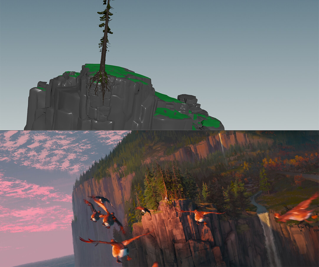 3D geo/mesh of the cliff, before all the texturing, look development and microdressing/scattering work. Before and after. 
Microdressing: small plants, grass, leaves, twigs, small rocks, flowers, ferns, etc.