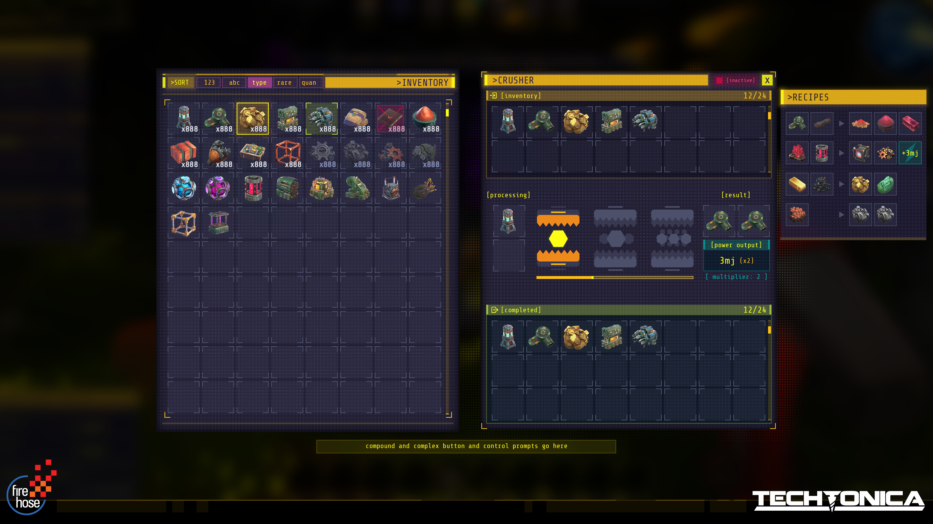 Crusher - Takes in resources and crushes them down into simpler resources via recipes. This machine UI was a challenge because it's more complex than pretty much every other machine AND it was added quite late in the dev cycle. 