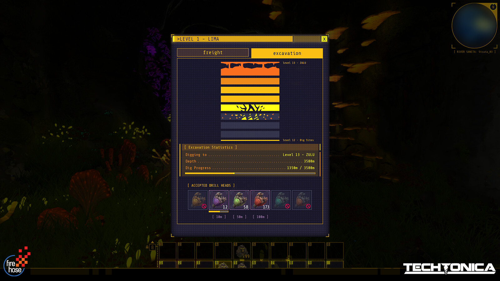 Freight Elevator: Excavation - Tracks overall dig progress in the world and allows assignment of excavator bits. I'm still a little bothered that this screen shows digging going up while levels are listed in descending order on the teleport menu...XD