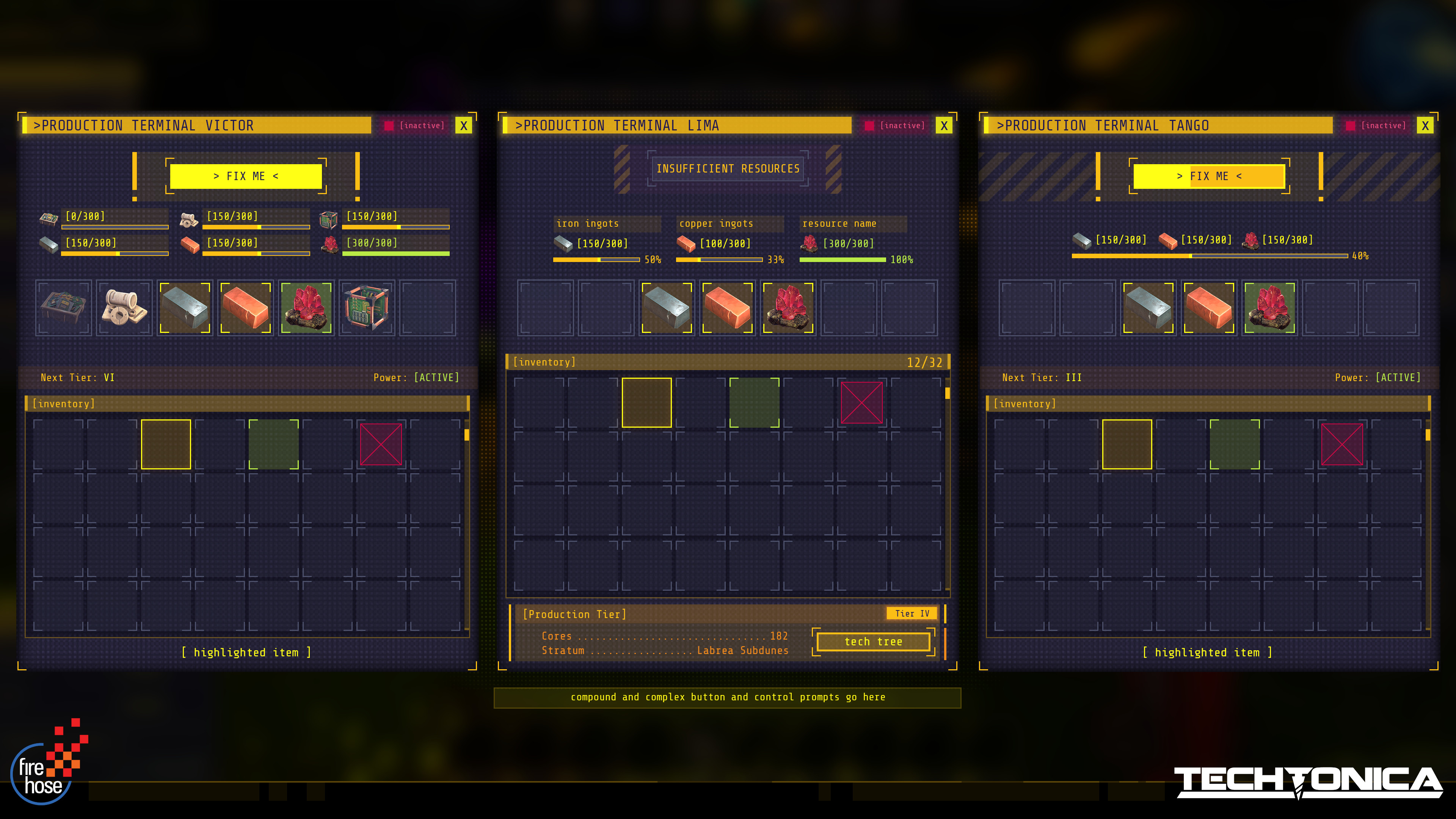 Production Terminal - One of the main gating mechanics in the game. Players feed resources into it to progress their technology. I had to account for variable resource demands and completion states per item.
