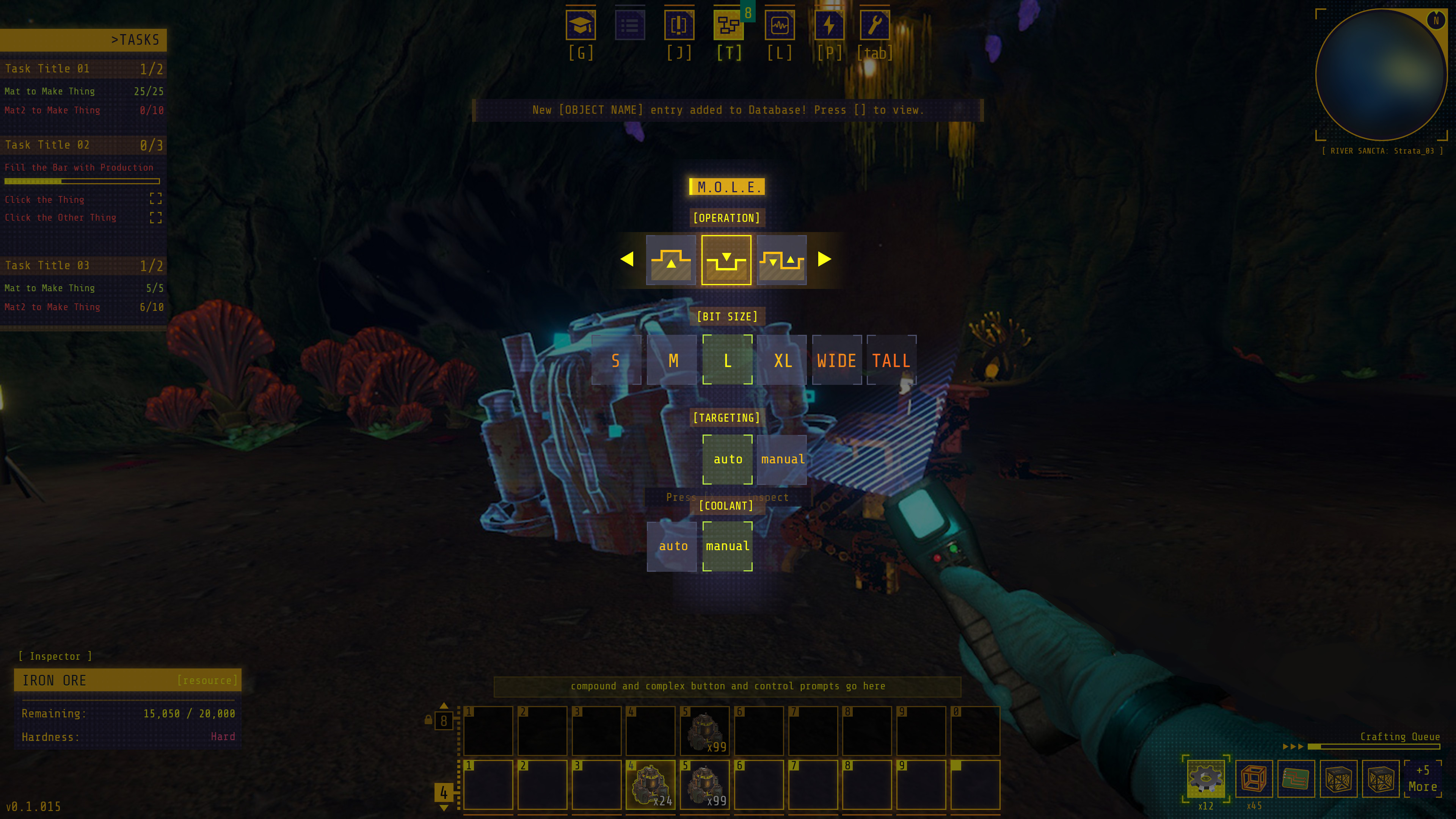 M.O.L.E. Settings - The MOLE has a variety of settings that the player needs to be able to change on the fly, including size and digging behavior. We wanted this selection menu to be lightweight but still expadable as players unlock more features.