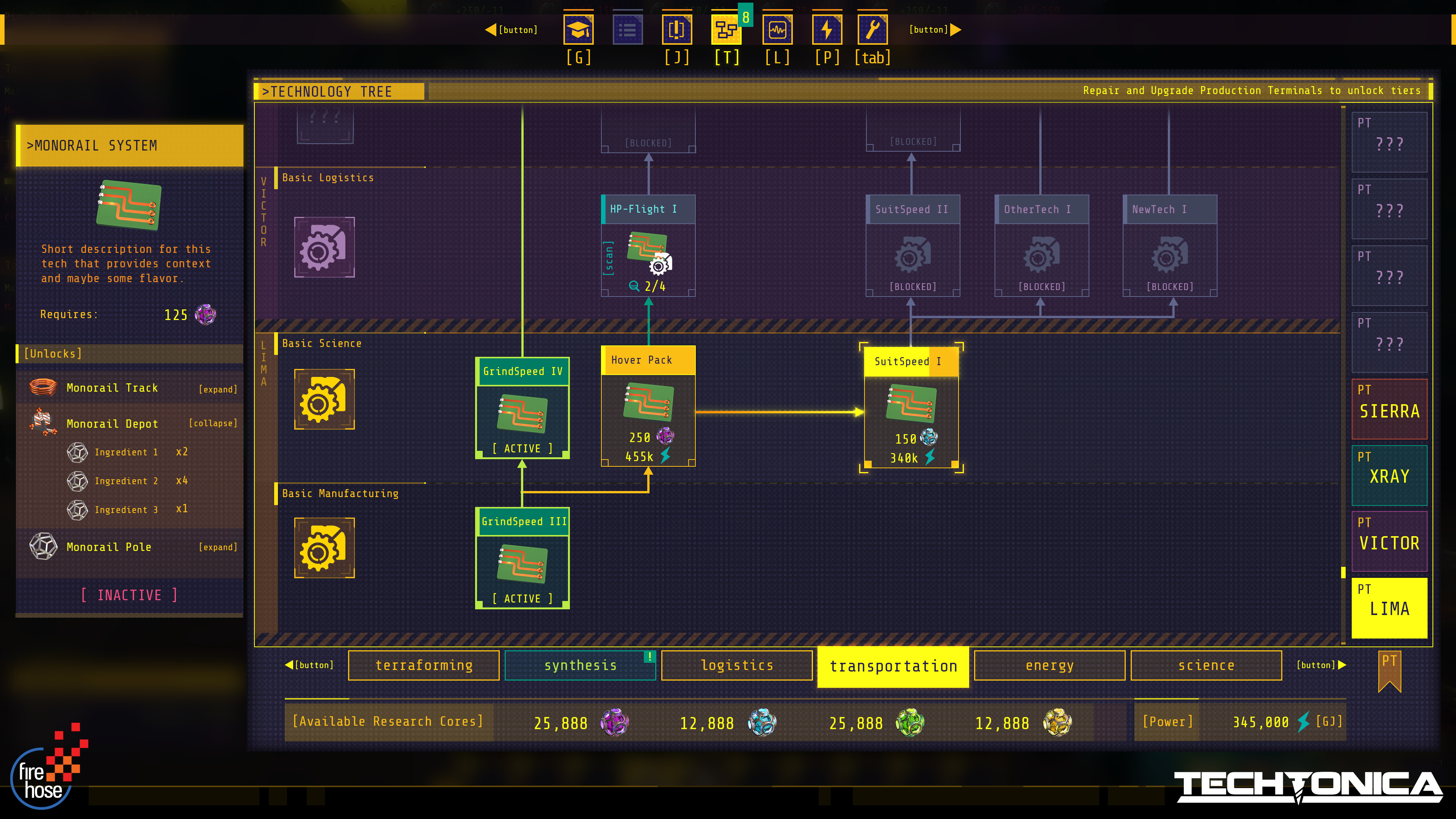 Tech Tree - This one was a bit complicated, because out tech was not only split between categories, but also between production hubs. I iterated quite a lot over development to allow it to control smoothly on MKB and gamepad.