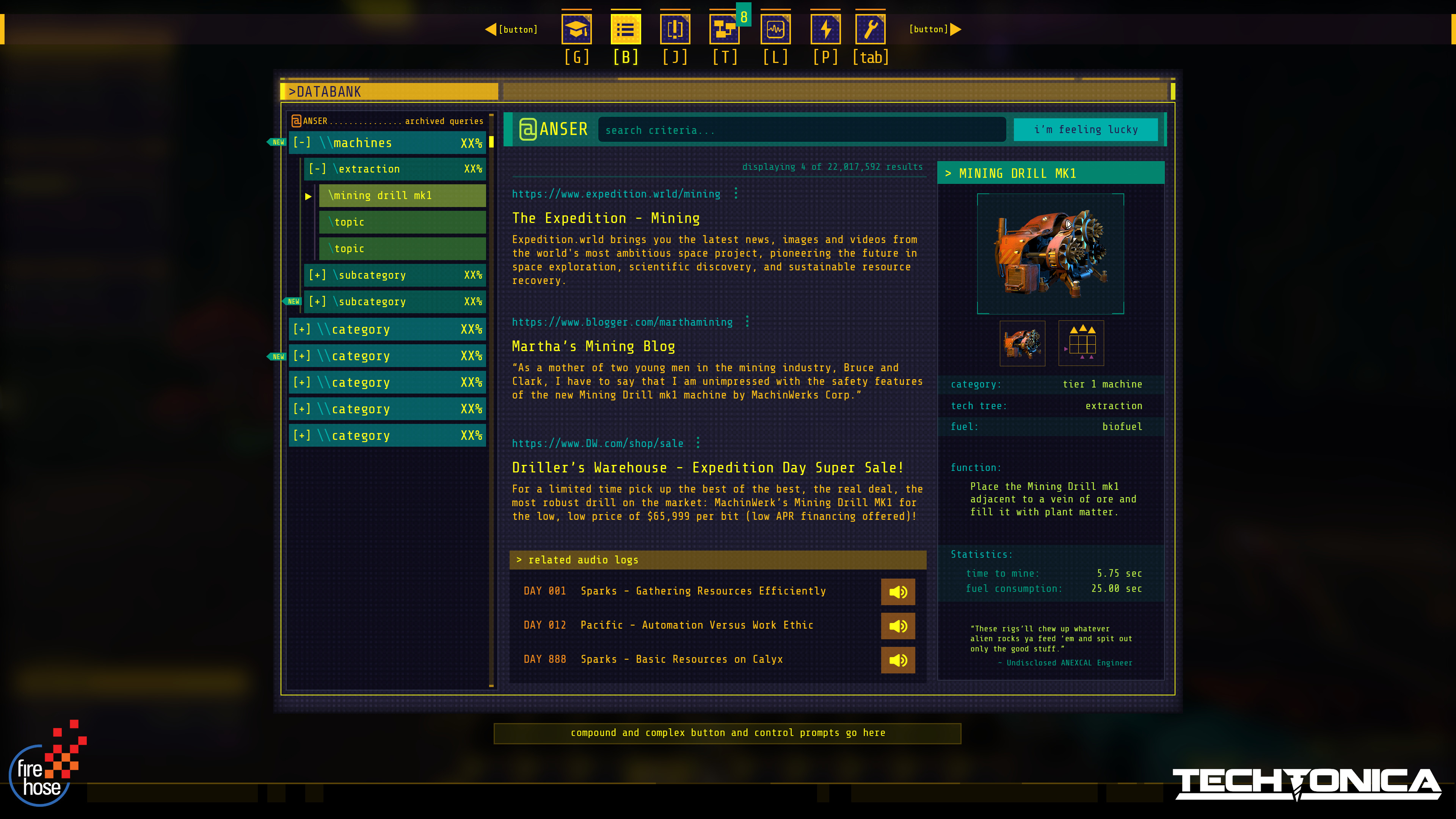 Databank - Where all of the lore in the game lives. Our narrative director, Will, wrote a massive amount of great content for Techtonica, so we had to include it all, along with all of the technical specs for machines, tools, and everything else.