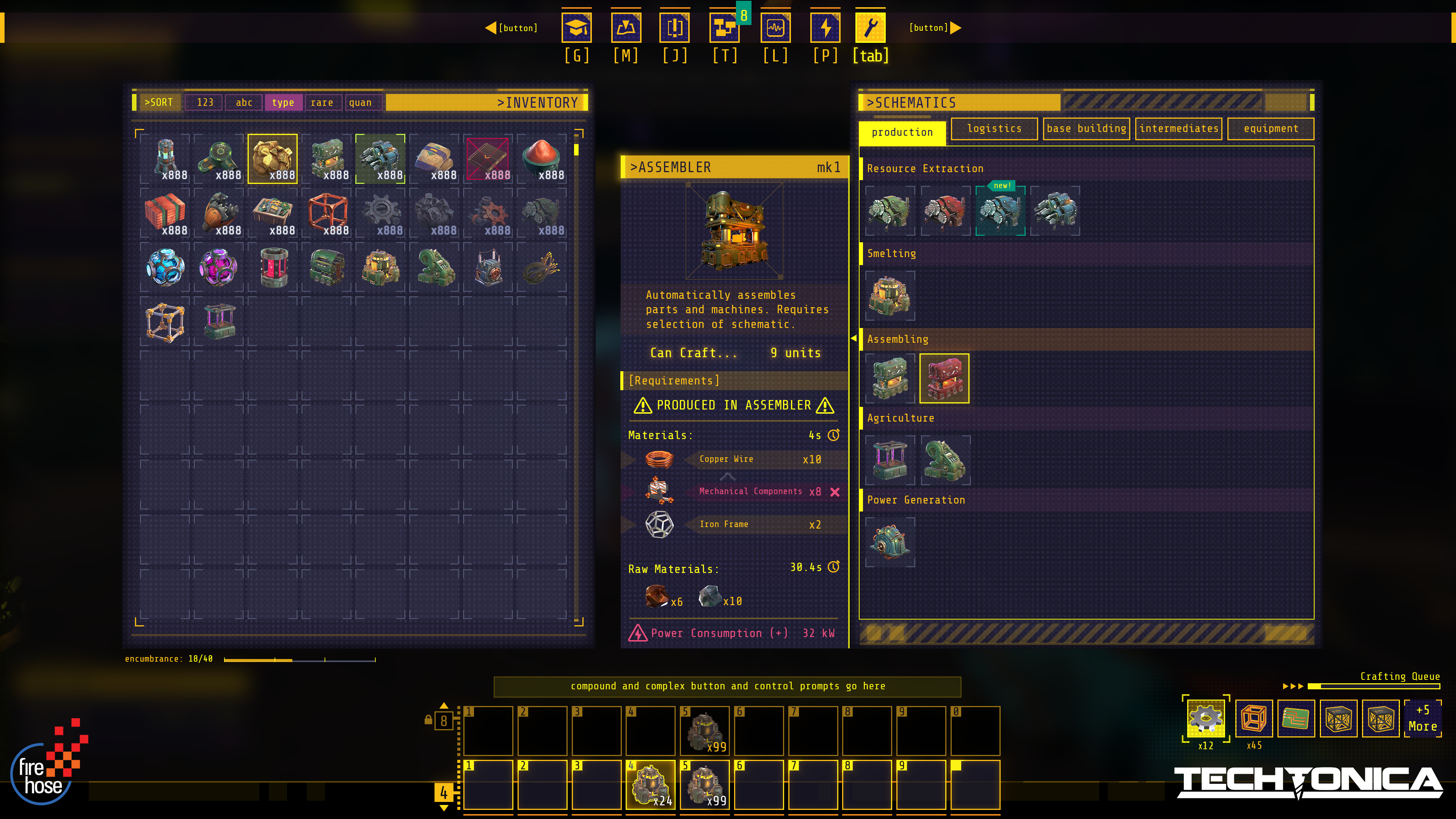 Inventory and Schematics - This is where you can handcraft items, look at recipes, organize your toolbars, and generally just see what ya got. Again, the challenge was to make sure this screen felt good on both KBM and gamepad.
