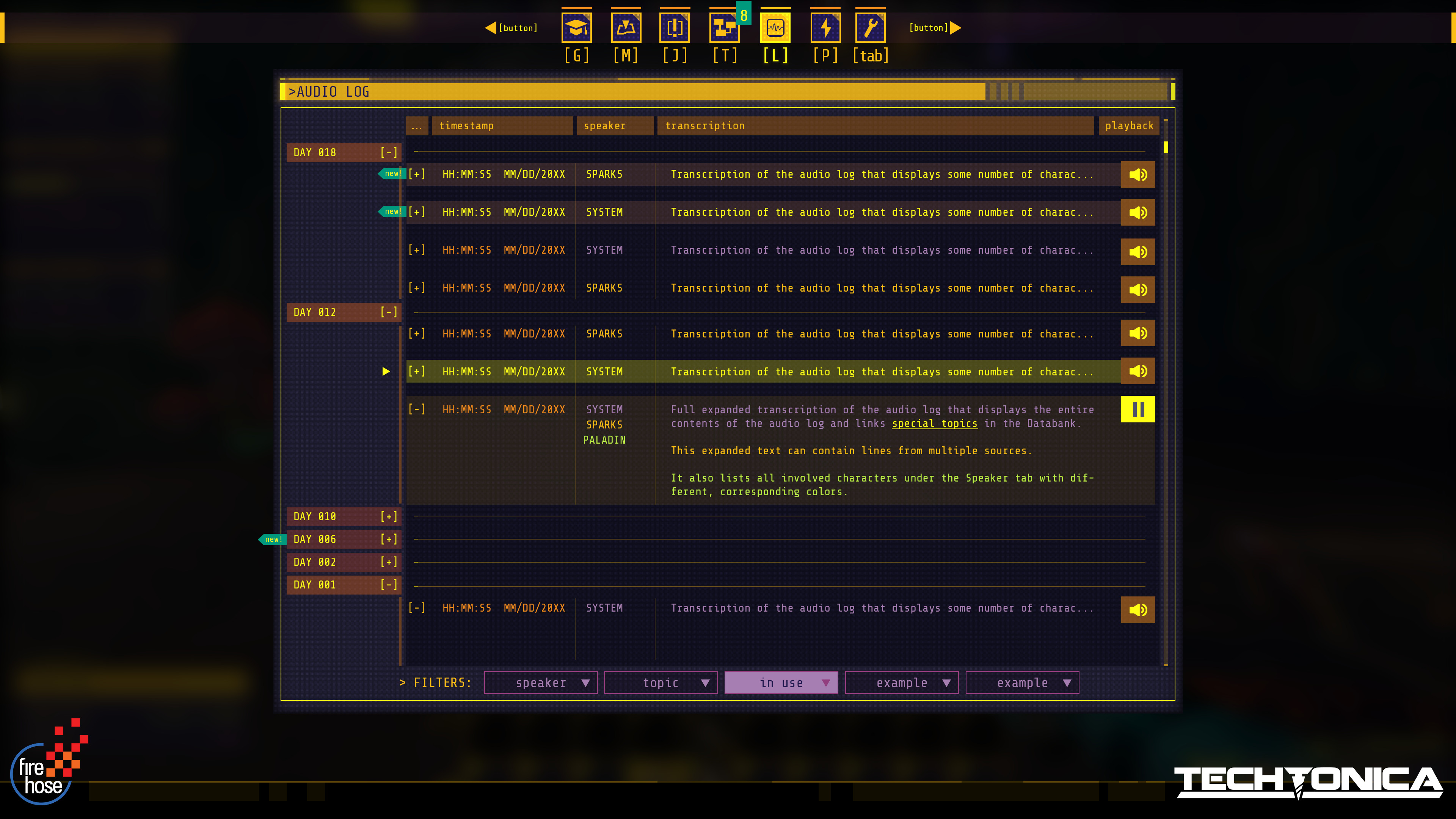 Log - Techtonica is fully voice acted and we wanted a way to replay all of the dialog since task and focus-shifting is a big part of the gameplay. This screen has a fully transcribed record of all dialog translated into over 10 languages.