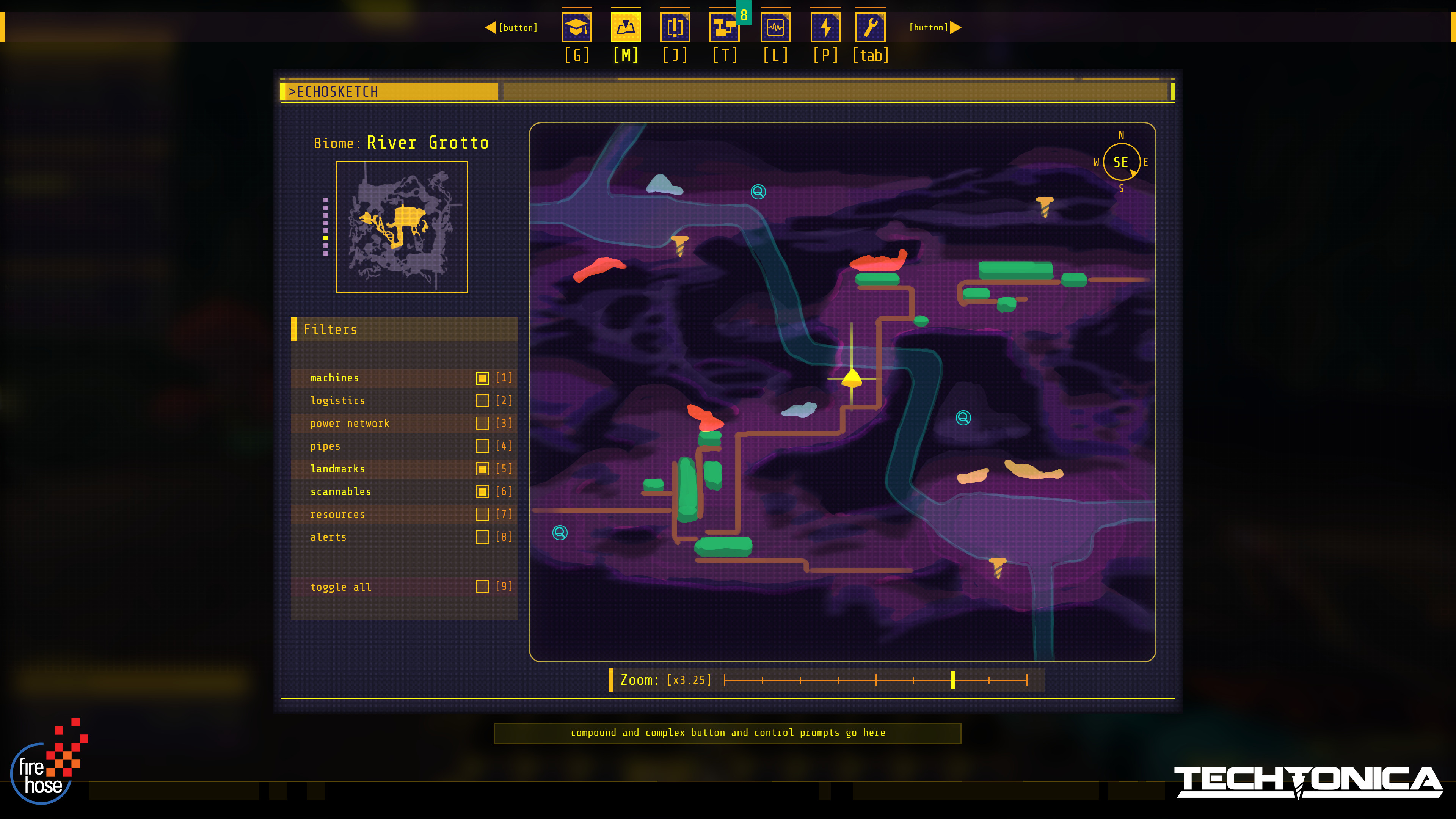 Echosketch Map - The map menu displays the full world, along with all buildables, machines, and resources in a 3d scrollable format. I aided the creative director in polishing the visual heirarchy and legibility of the map on top of designing the menu.