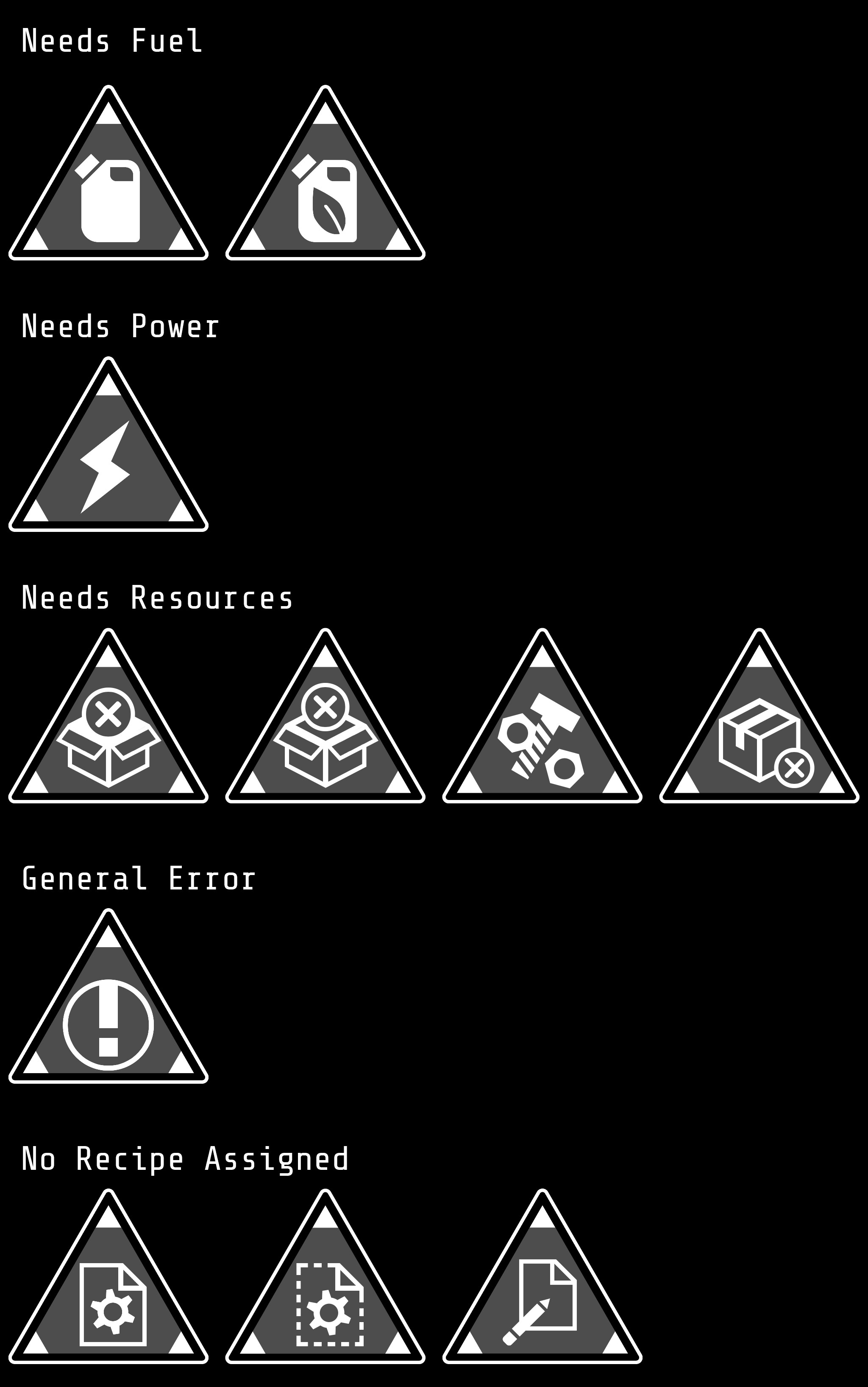 Some iterations for error overlays that appear on machines when the player is debugging their factory.