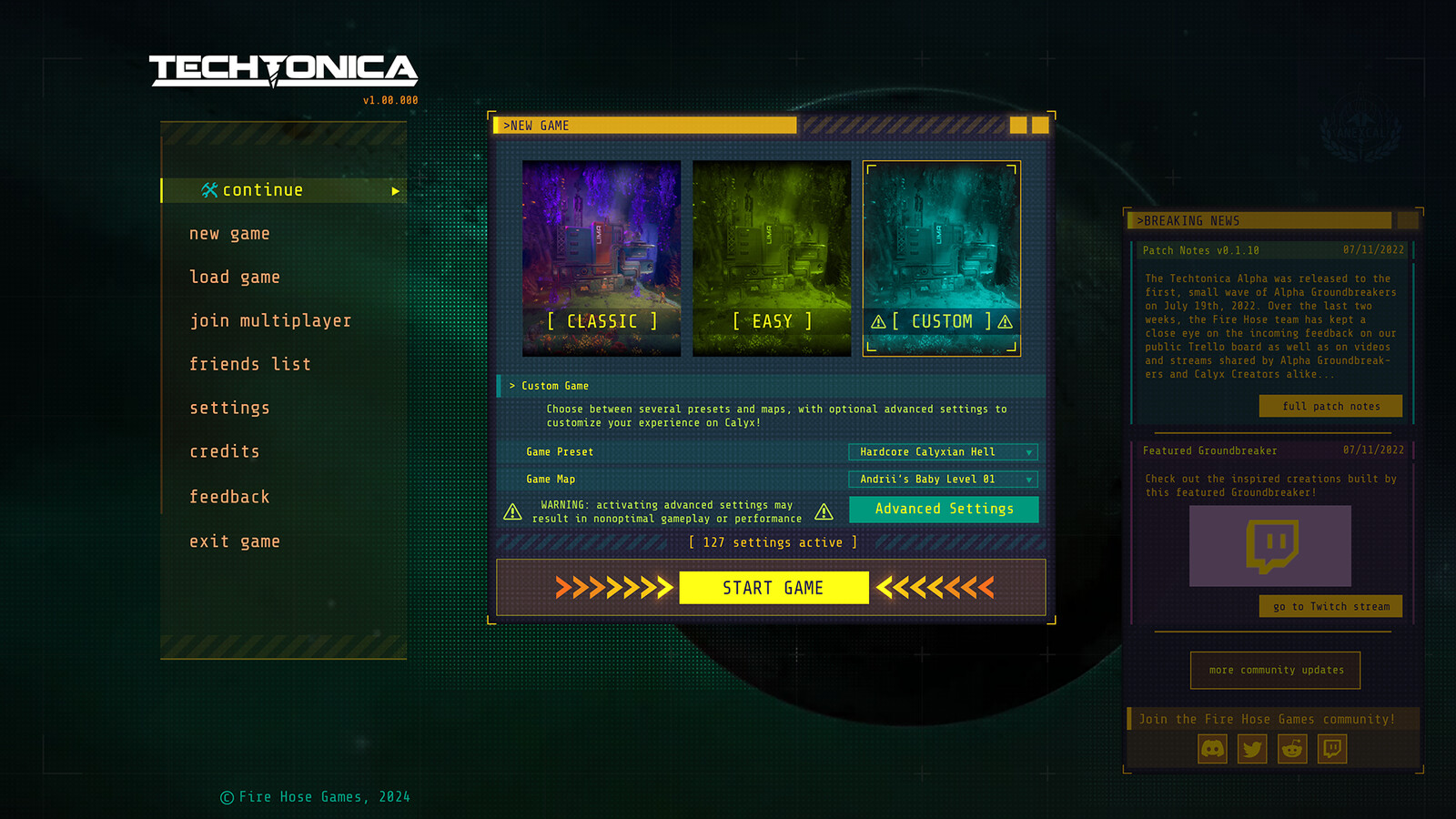 New Game Start Custom - Selecting Custom Game would initially give the player a dropdown selection of some curated modes that we designed for them. It would also allow them to dig further into each customization option.