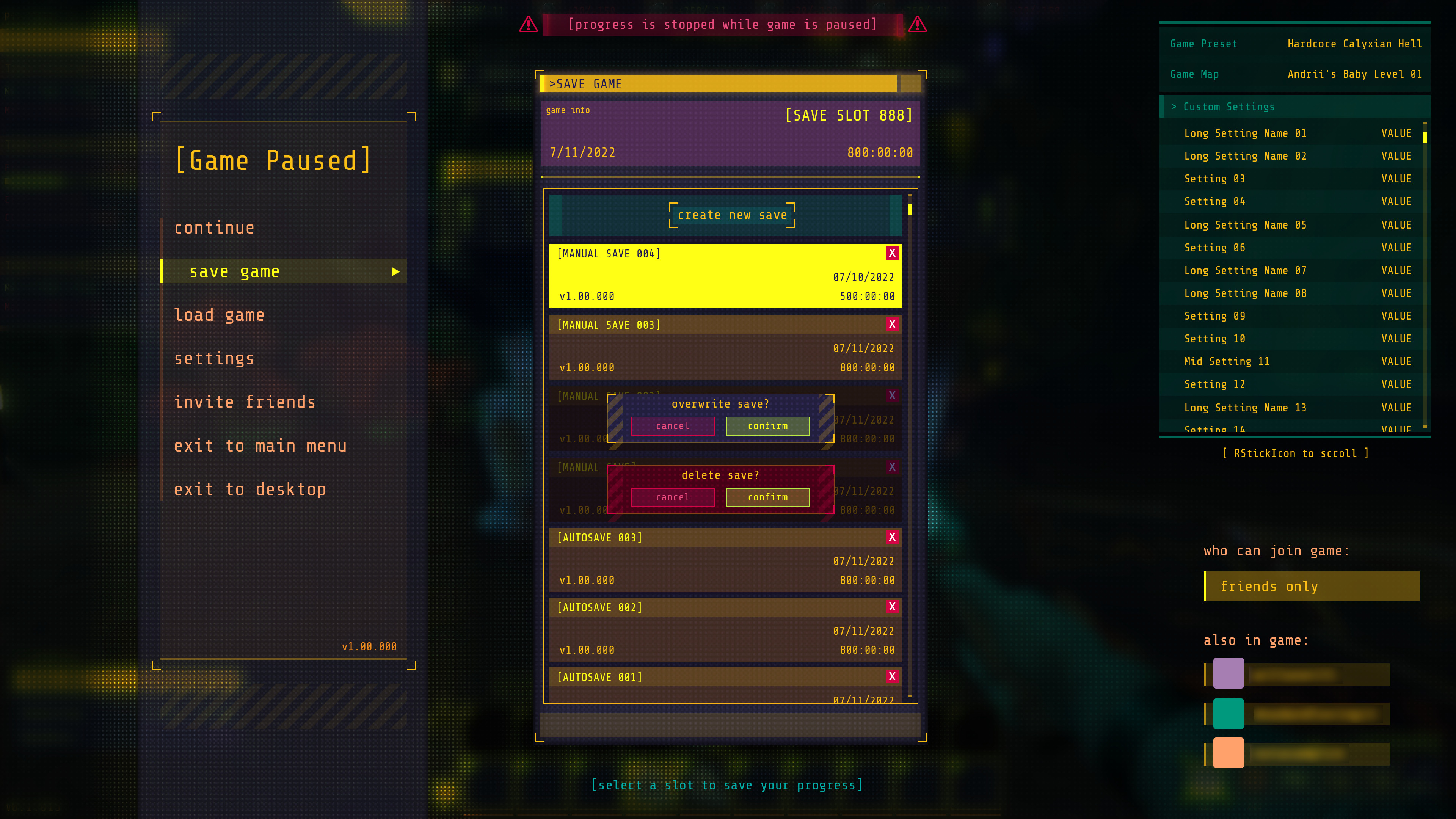 Pause Menu - Save Game v2. The simplified save UI that was rebuilt to account for drive space limitations on consoles. Displays the current folder as well.