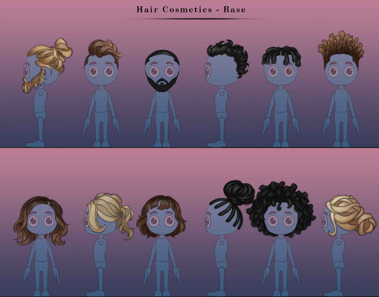 I began with simple versions of different hair types and styles. While keeping a nice sense of form and flow. 