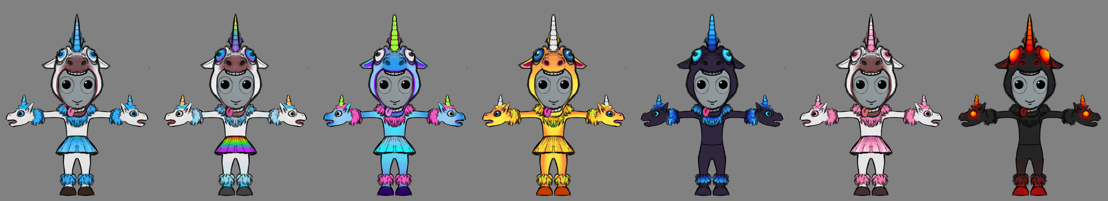 Unicorn themed outfit concepts. We mainly did concepts from the front to save time. Once approved, I then filled out the design in 3D. 