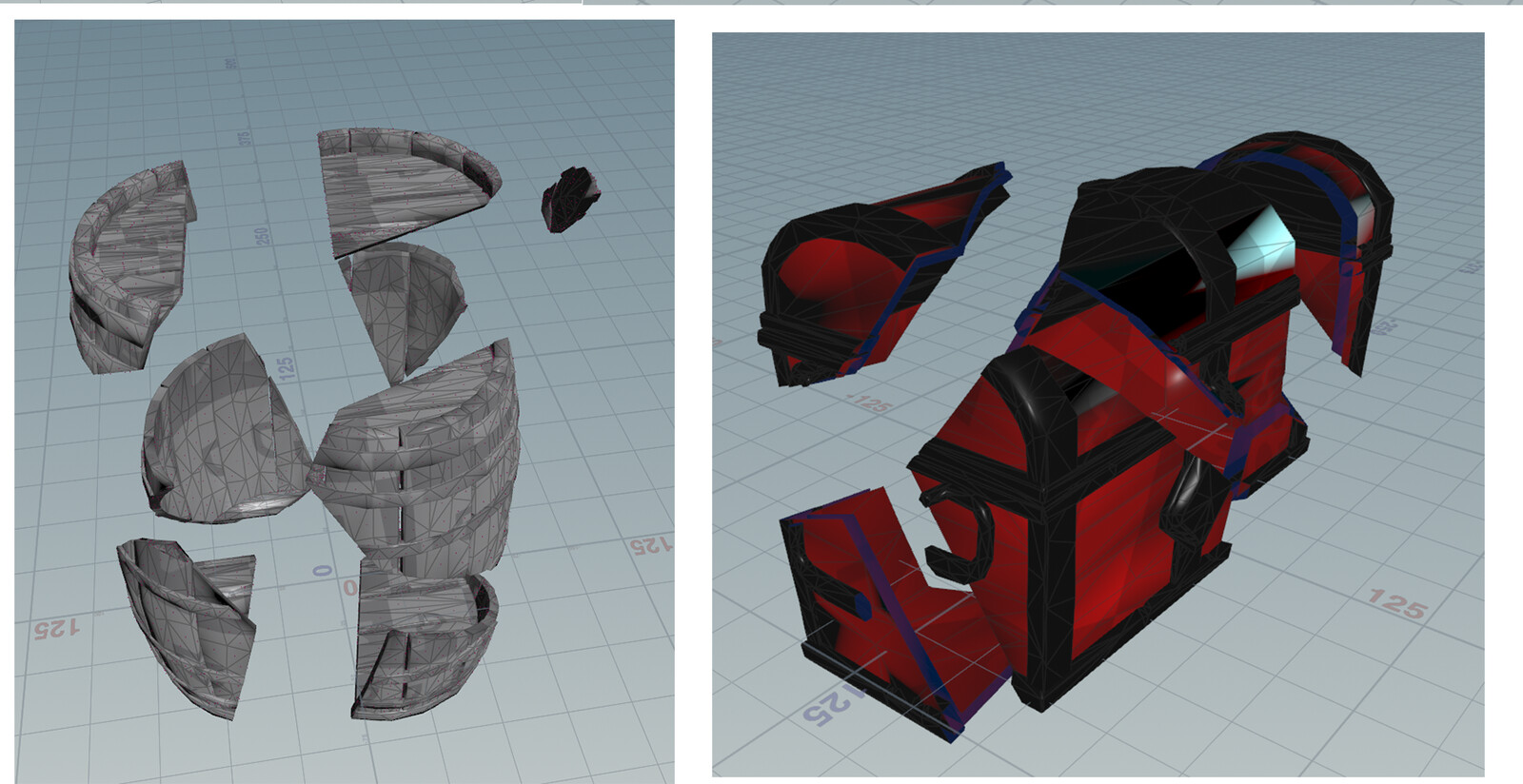 The Goal:  cartoonish fractured chunks that maintain the UVs and material assignments of the input mesh. Must also be low poly.
