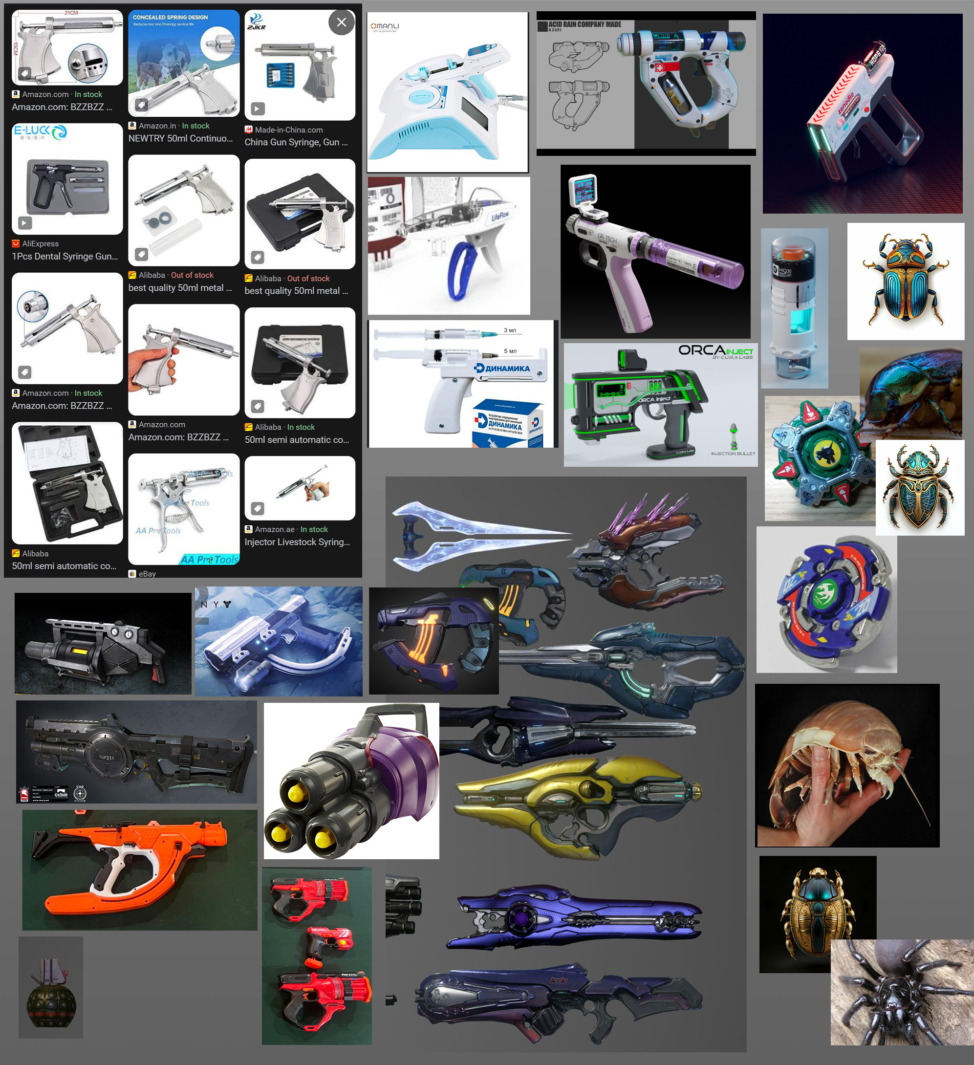 Reference collage. Direction was "bug like, medical injection devices, sci-fi," and most importantly "cool but a little creepy". 