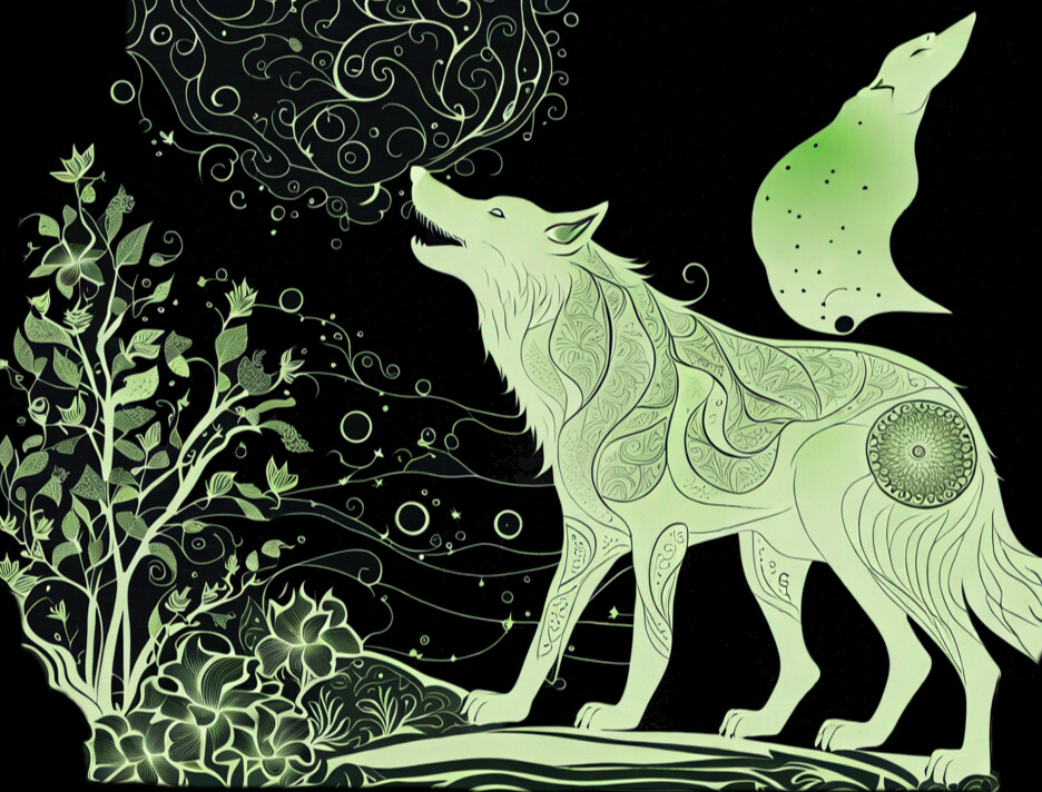 Yang wolf of the air element with fox companion
