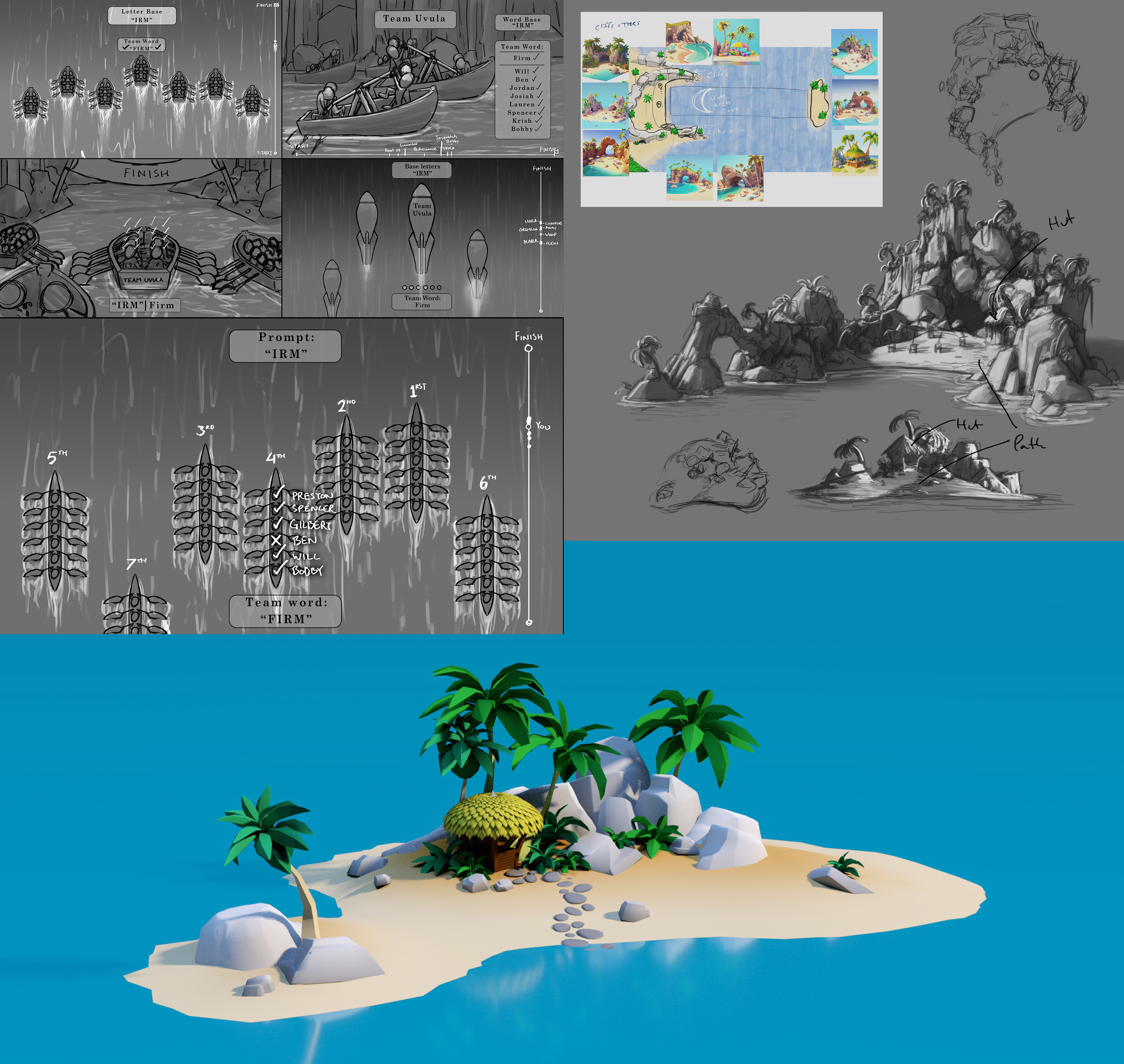 "Wordy Waterway" UI and environment Concepts and 3D work. Spencer Barber made the rocks and trees that I used to set dress. 