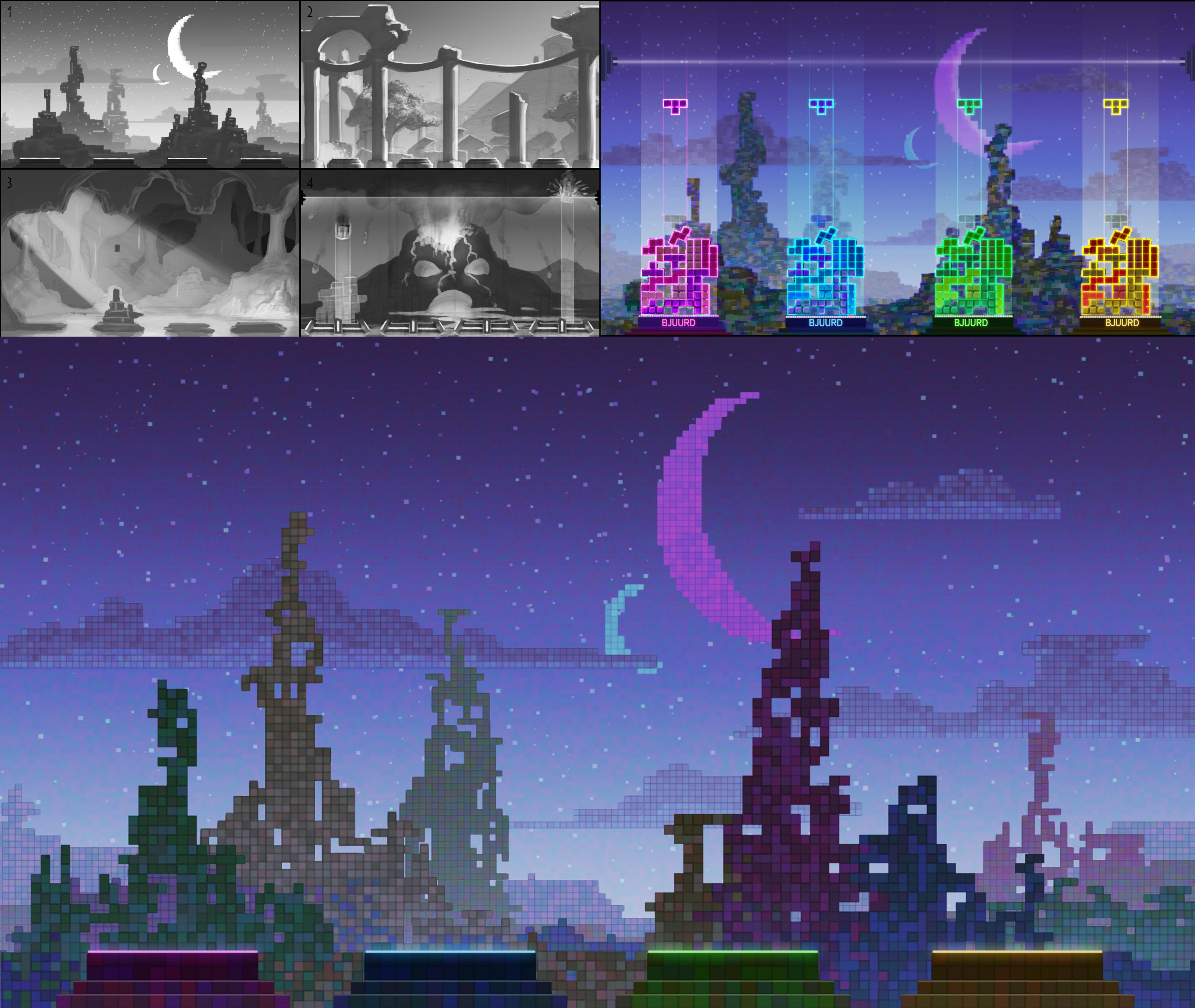 "Block Battle" Concepts and final 2D environment. Essentially competitive Tetris. I thought it might be fun if the level was made of blocks and there were past towers in the background. 