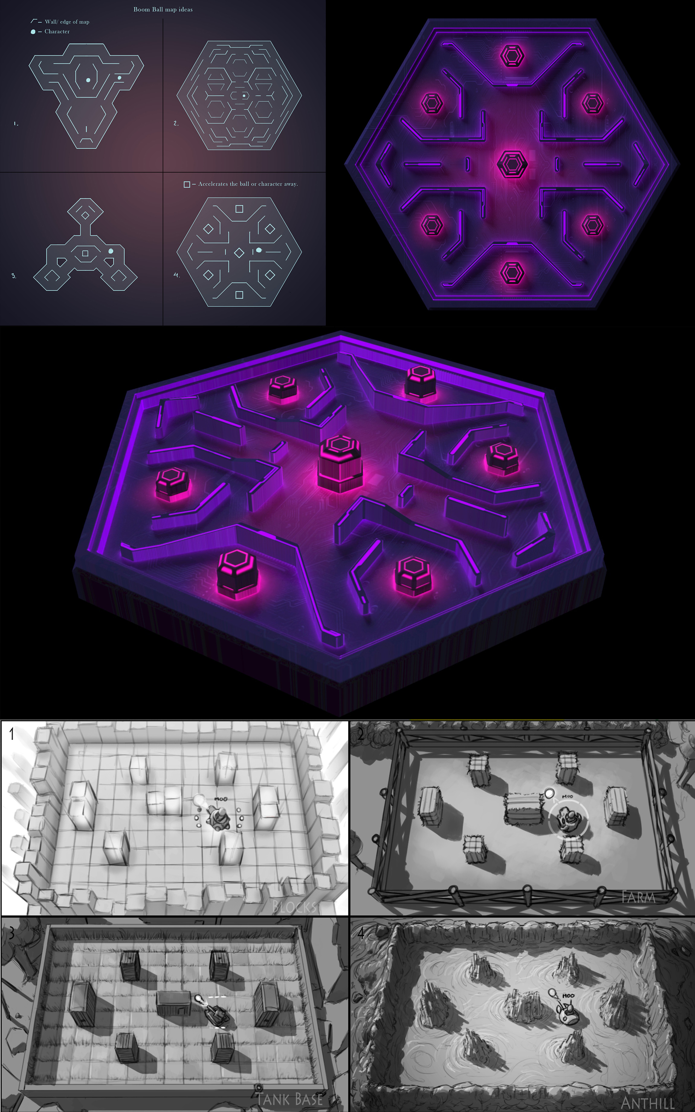 "Boom Ball" Concepts and 3D work. Players shoot bouncing balls trying to take each other out. We made the game with the map in the middle, but one of the company heads felt it was too dark. So I did more concepts. 