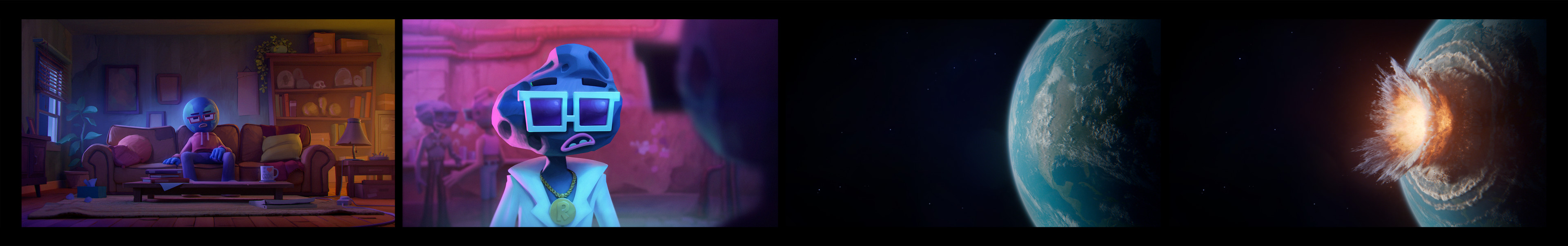 Early 3D blockings served as base for the color script.
We quickly moved to VFX for the explosion to refine its look and allow time for iterations.