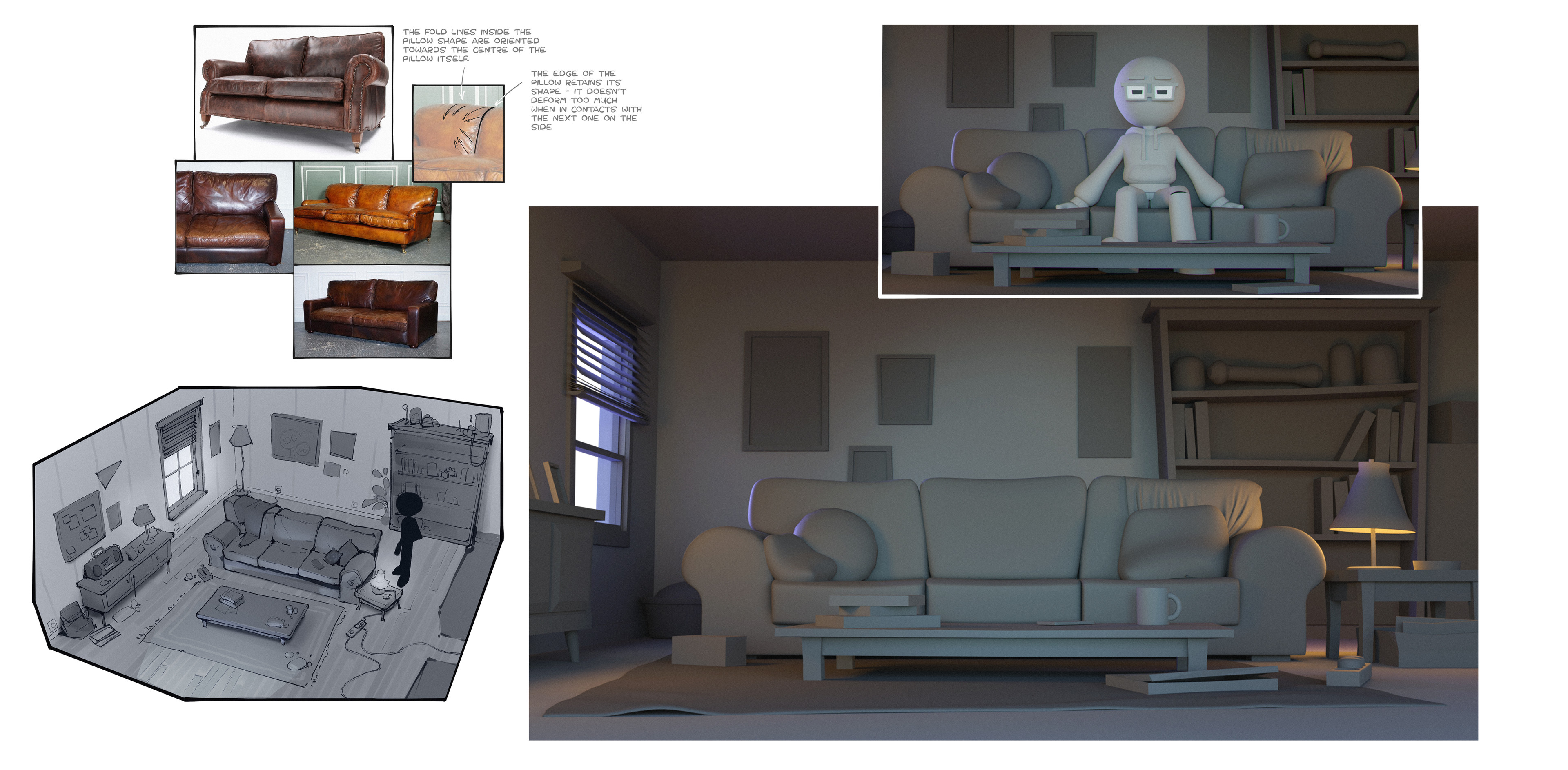 Early living room concept using rough Blender blocking for scene design, layout, and as a base for final set modelling