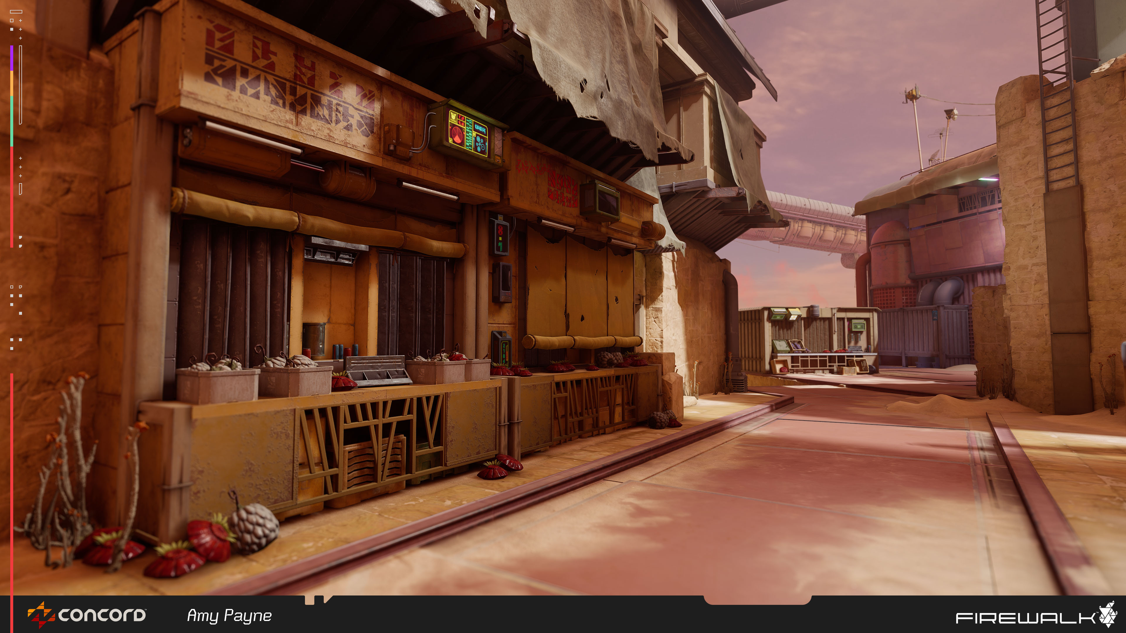 Showing stalls, awnings, and other pieces of the kit being used to create facades of stores. Can be seen throughout the Residential side of the map.