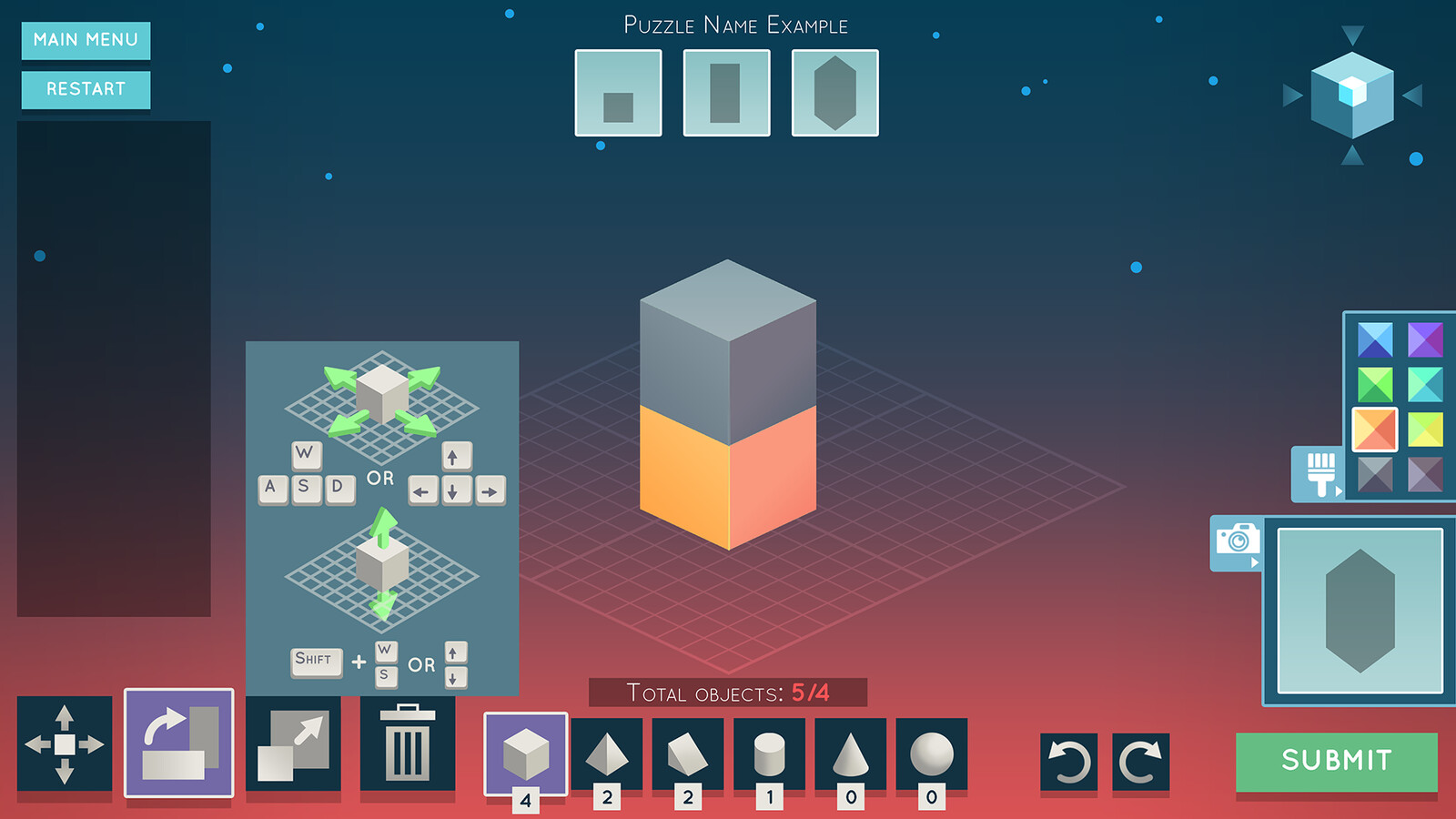 Visual tooltip panels display for each tool to familiarize players with moving, scaling, and rotating primitives