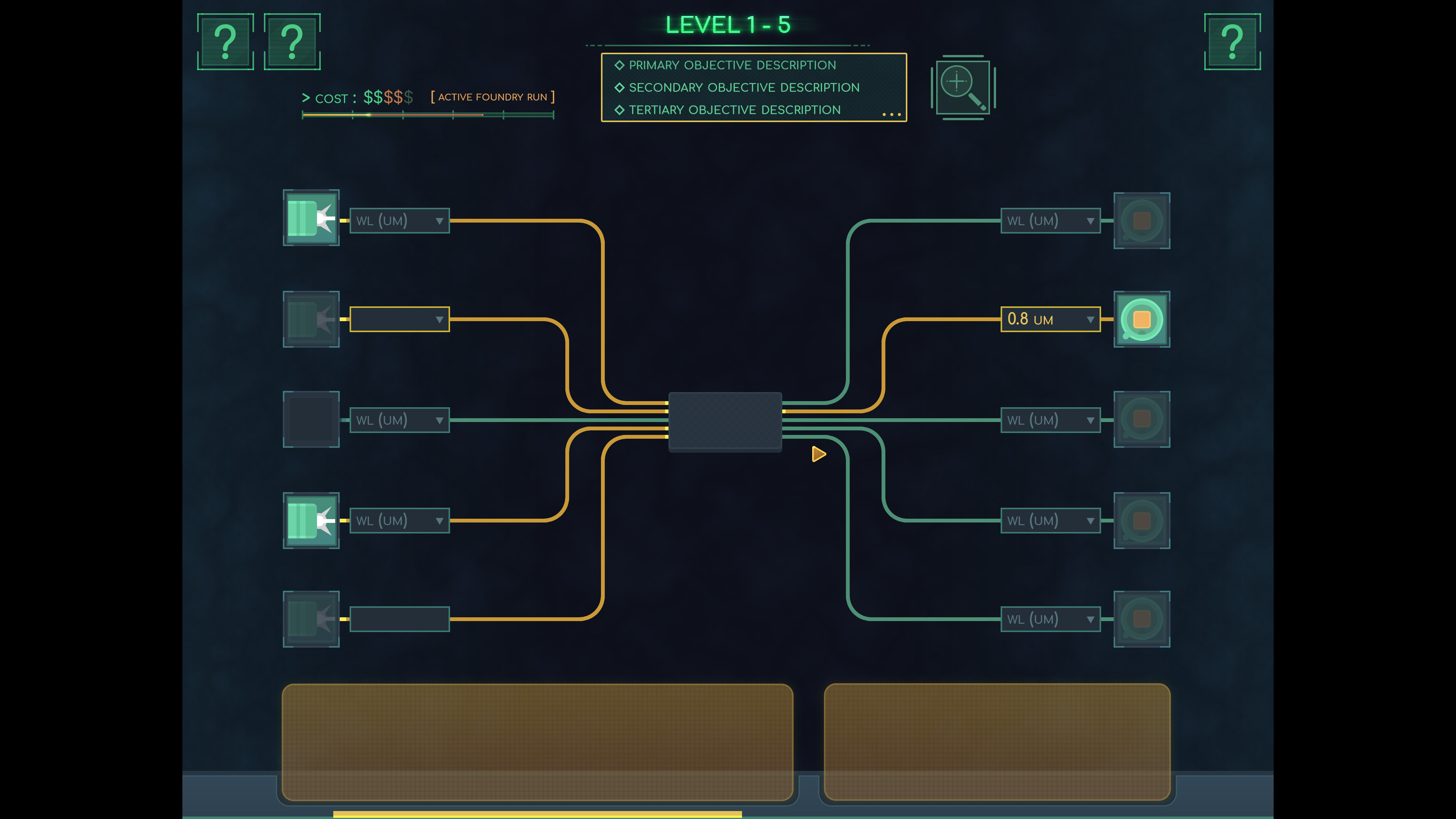 A zoomed out version of the board where players assign lasers and photodetectors depending on the puzzle requirements.