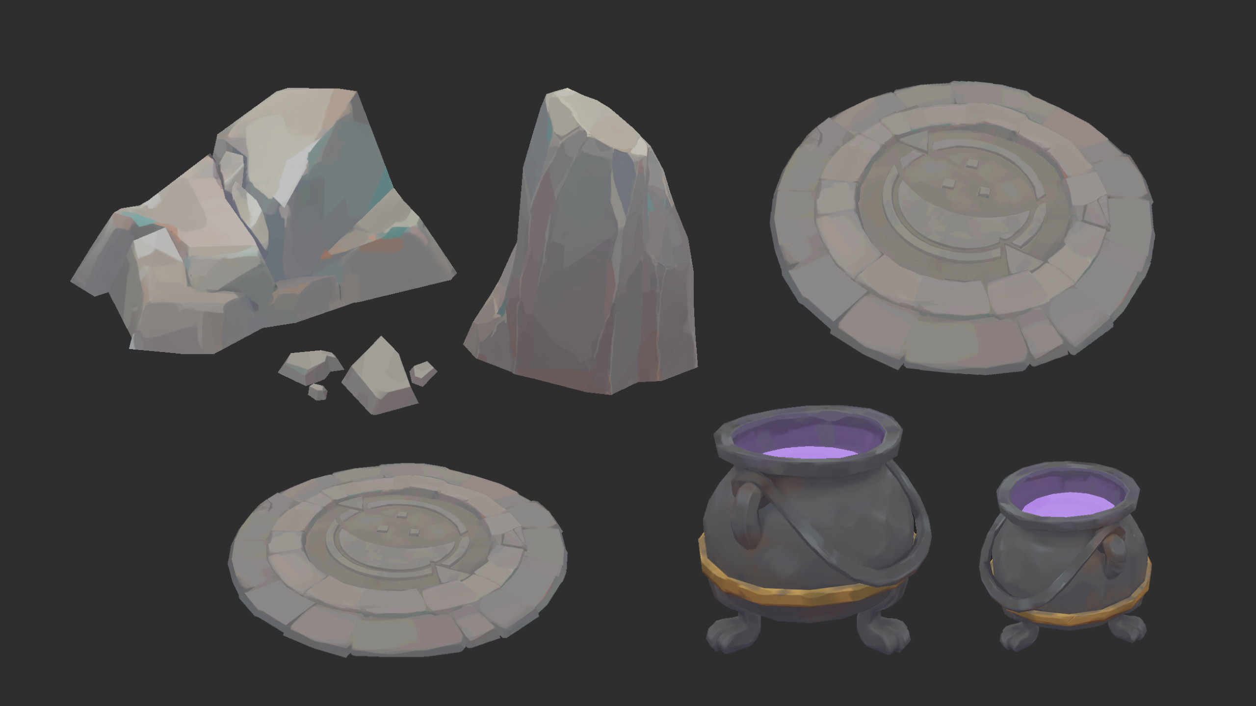 Handpainted props. Responsible for modelling and texturing. Cauldron modelling by Art Team.