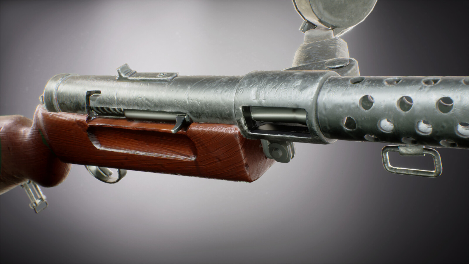 Bergmann MP18 - Close up on bolt action and gun base.