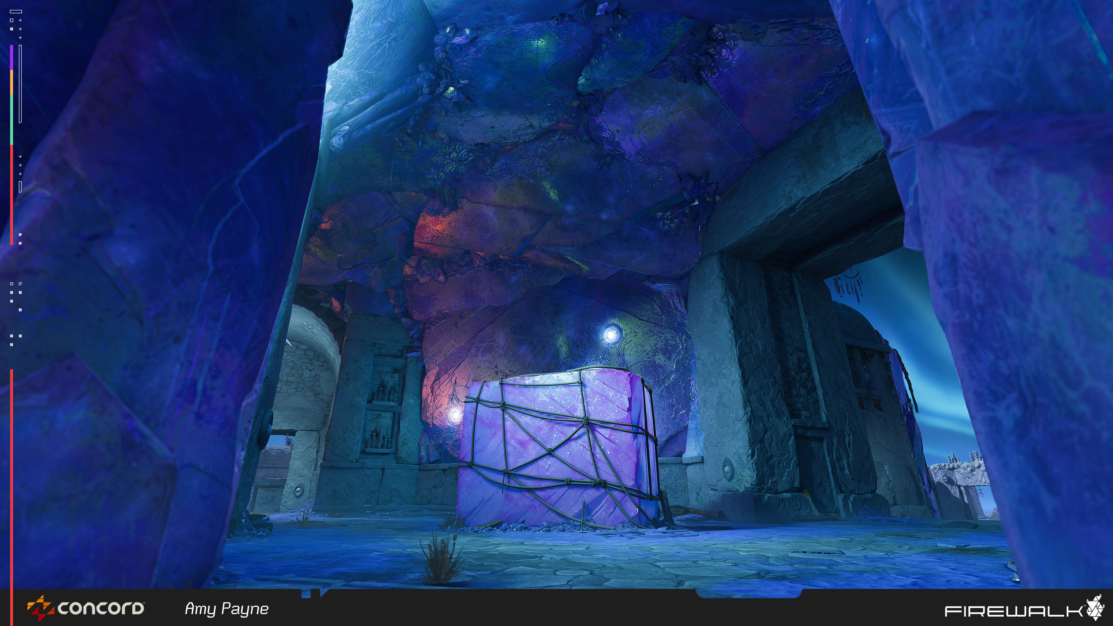 This is a great shot showing off the diversity of the crystal material. The back wall is lit up with rainbow colors from our thin film, and the central block is showing off fake SSS and diffuse color shifts.