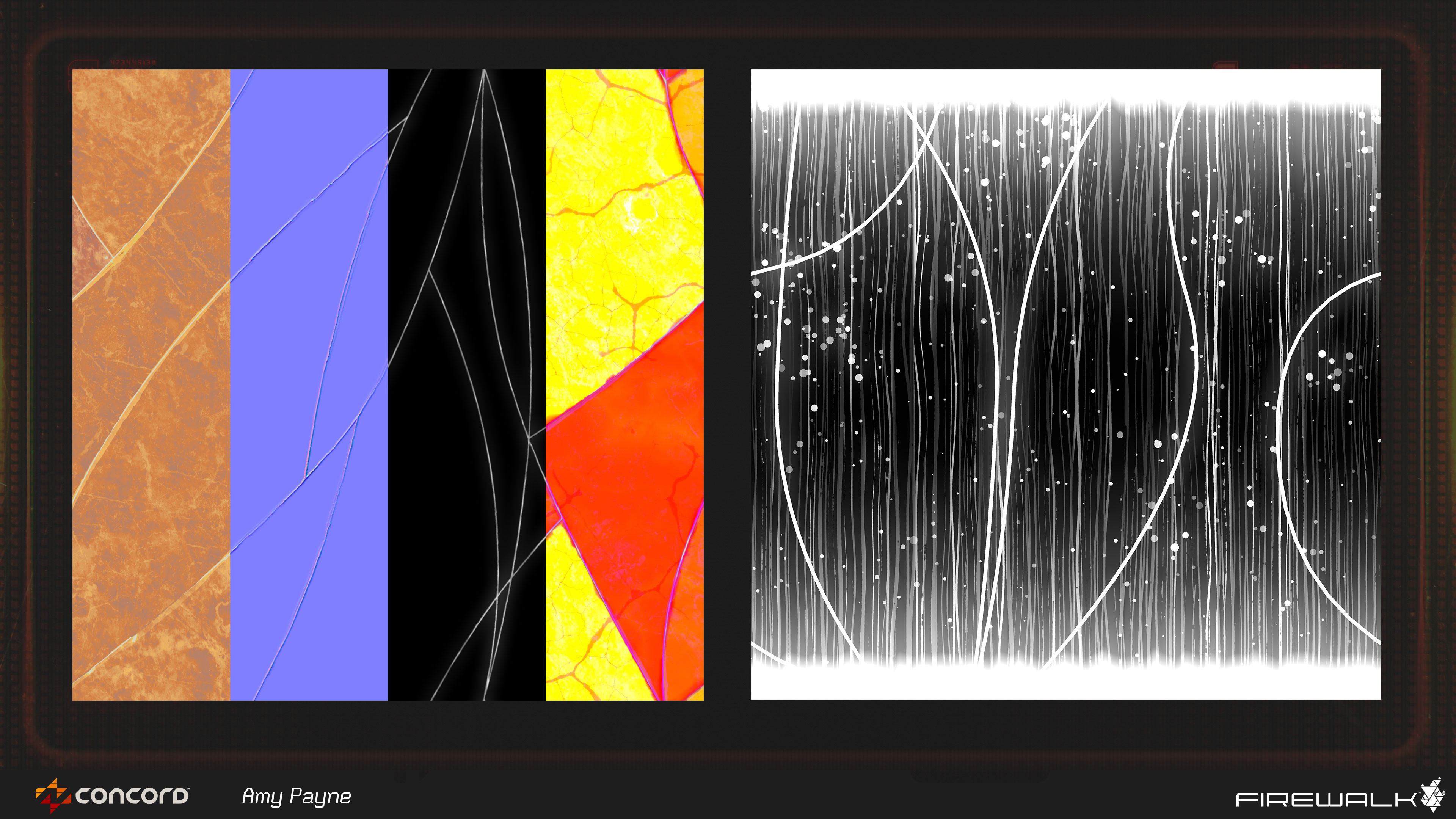 Here you can see the exterior and interior map breakdowns for the orange orb. These were the foundational maps that we used in our material instances, and that Alan Flores UVd the sphere to.