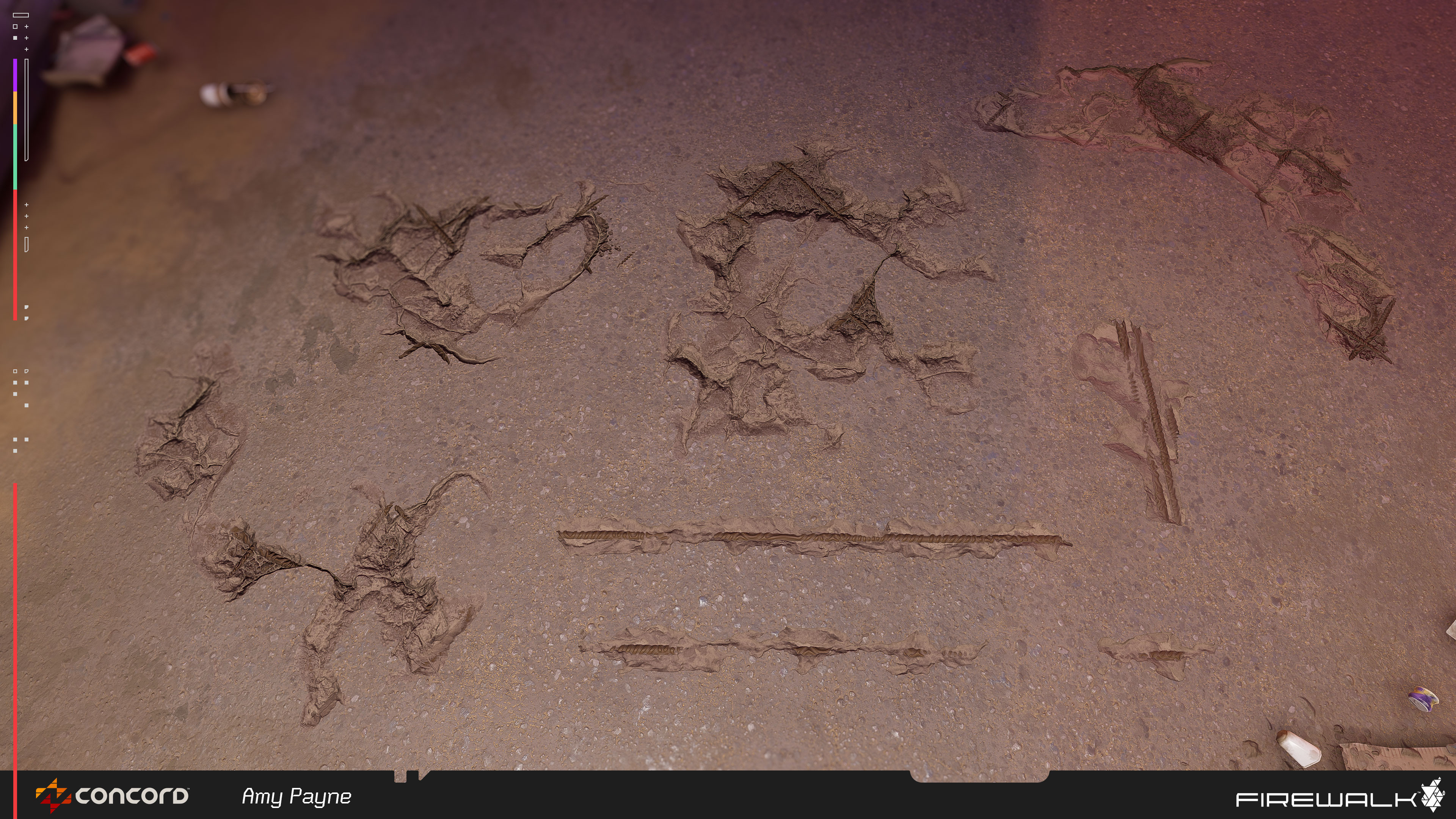 A set of concrete damage decals I made for Tempest Watch. If you look closely, you can see some Concord flair in the rebar. I took inspiration from the arcade carpet pattern, and used that within the rebar itself. These were really fun to make.