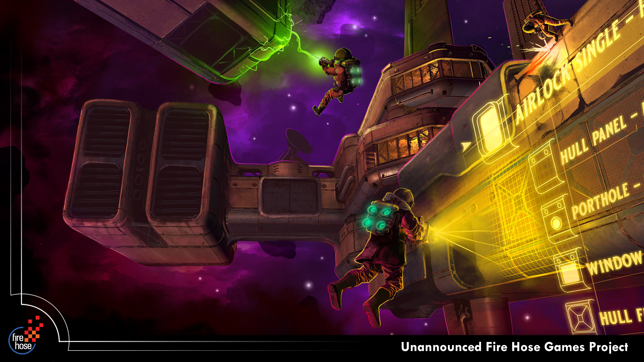 Three co-op players building, repairing, and customizing their spaceship. I had fun showing the building interface projecting into the game space!