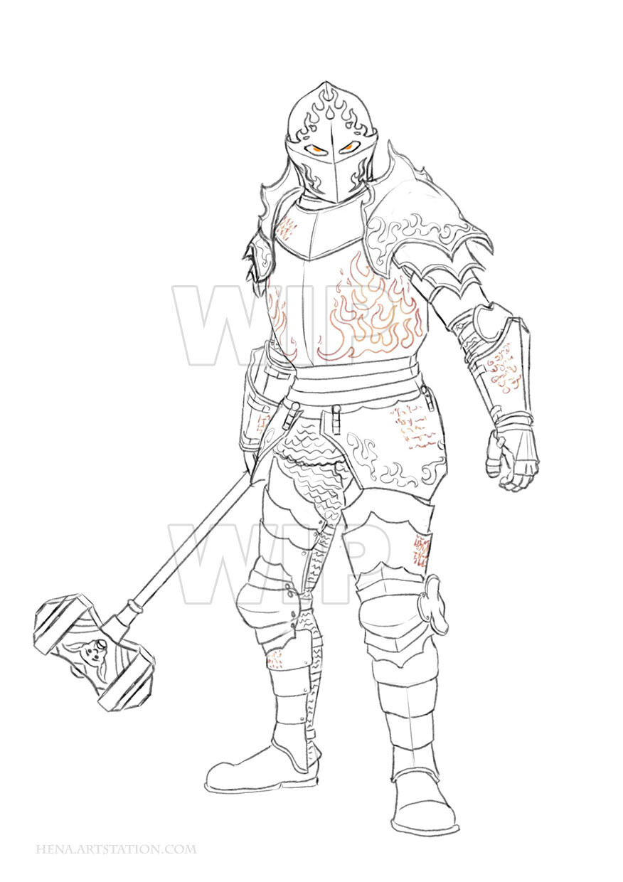 The approved sketch. Initially, the flames on the chestpiece were meant to be red and glowing, but the client decided on an embossed look later.