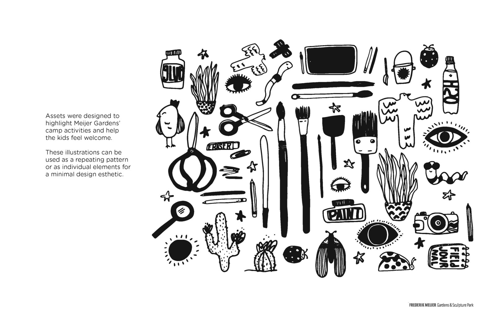 EDUCATION BRANDING PACKAGE

Illustration assets for Frederik Meijer Gardens &amp; Sculpture Park Summer Camp were created for digital, print, surface, and product designs.