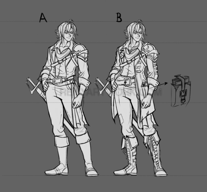 My sketch of his old design - sketch of my new design. 
Not only the long coat with belts adds more attitude and style, (same as the boots), but allows to carry a simple but very important item based on the character's lore.