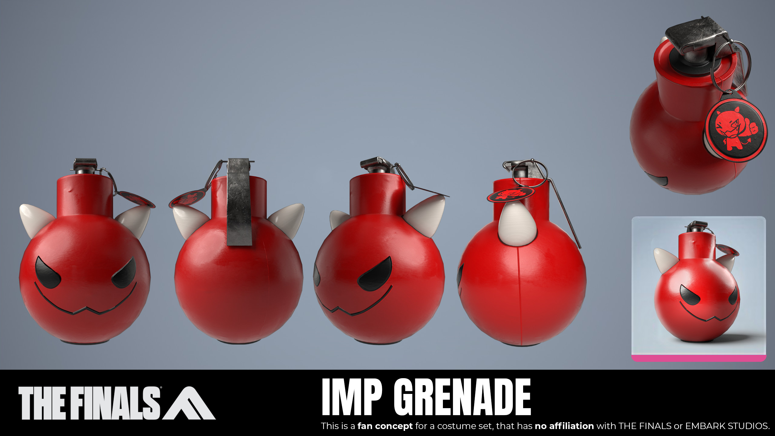 Grenade:  Wicked Blast 
Description: Destruction has never been so marketable! And impractical.

Modeled in Blender, textured in Substance Painter, rendered in Blender. Had a blast doing this one!
