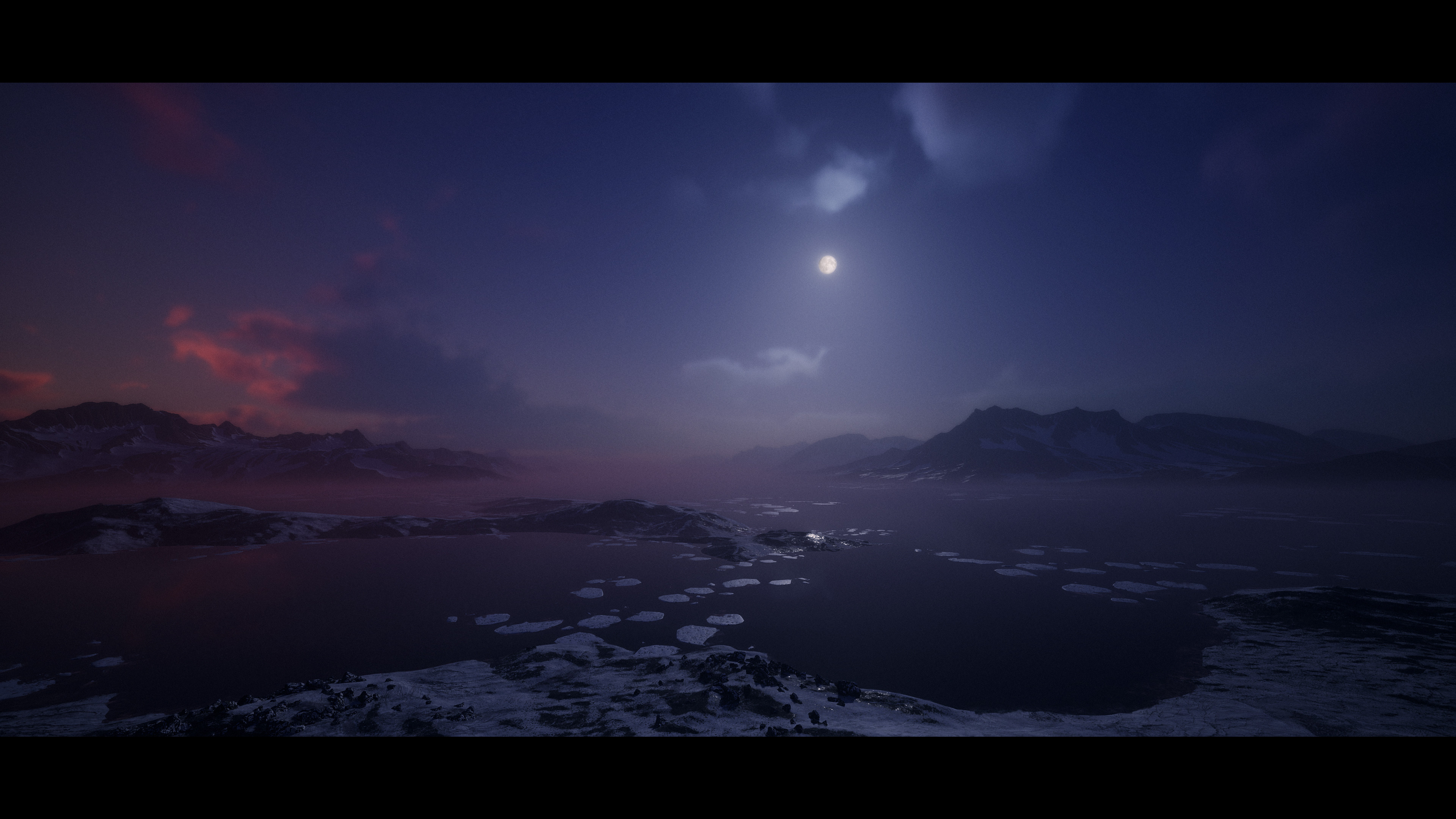 Sky created with volumetric clouds, sky atmosphere shader and two directional lights to mimic sun and moon