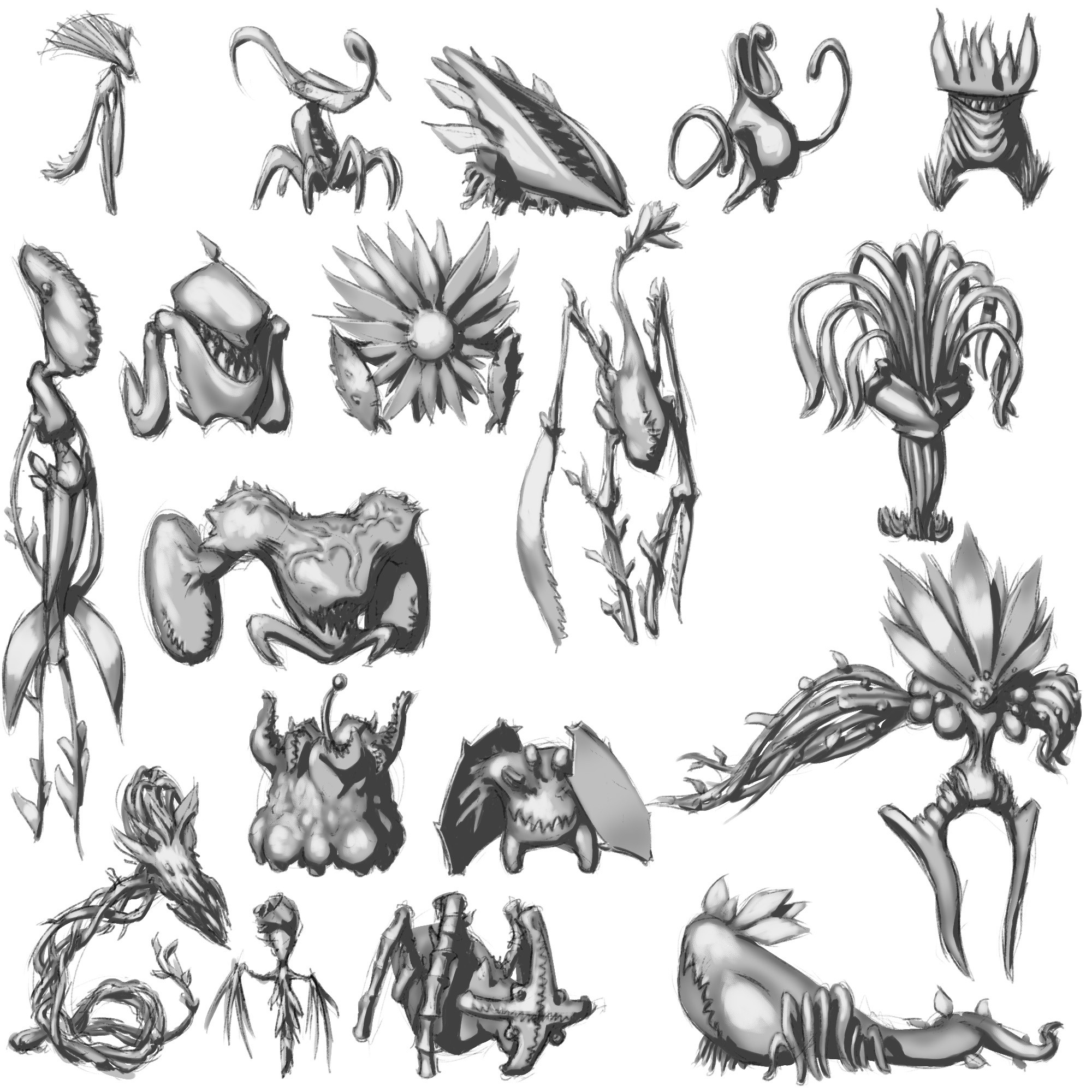 Concept sketches of carnivorous plant creatures, blending organic forms with alien, predatory traits for a character design challenge